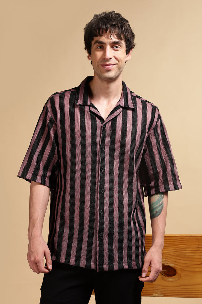 Men Pink Polyester Croatia Striped Shirt