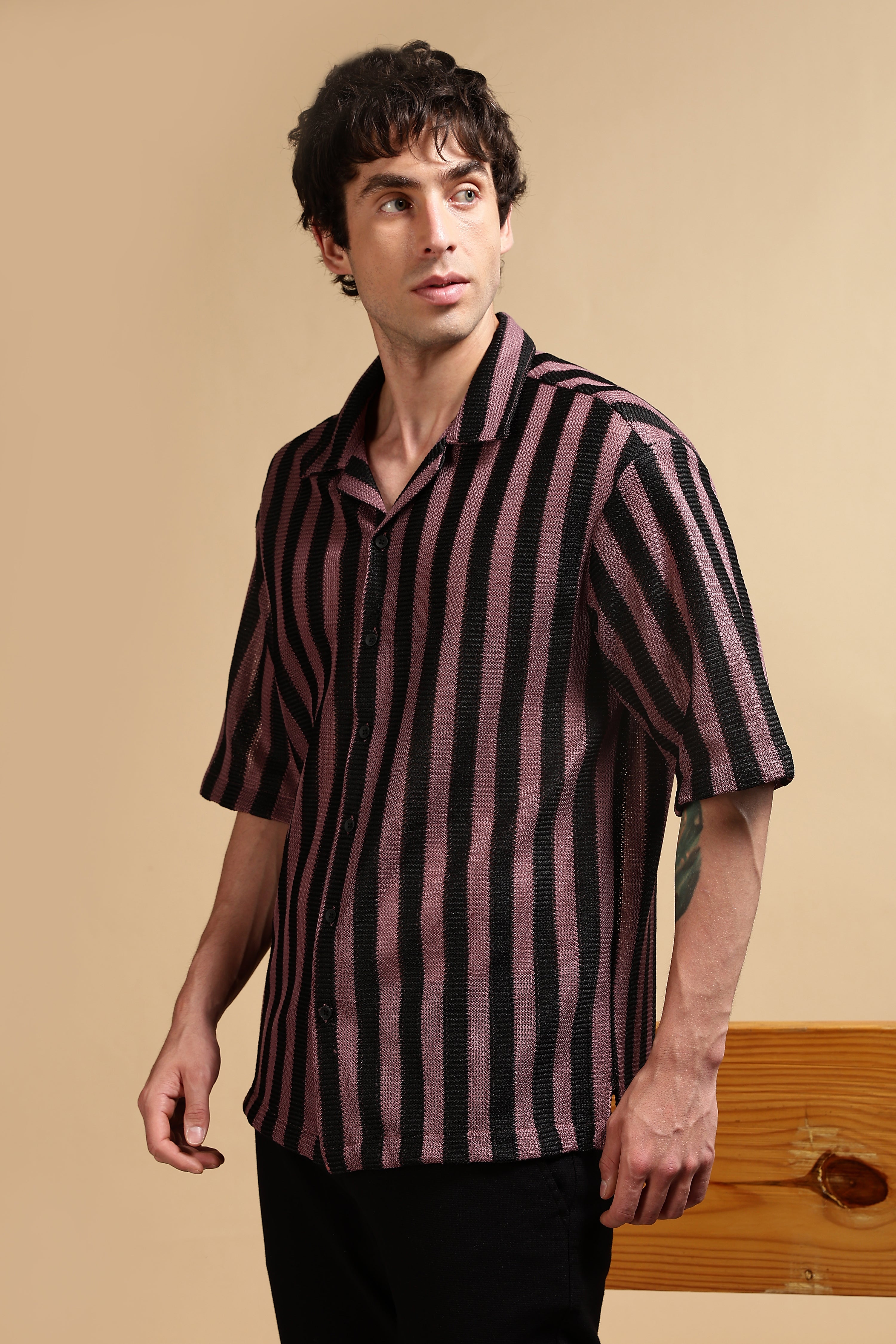 Men Pink Polyester Croatia Striped Shirt
