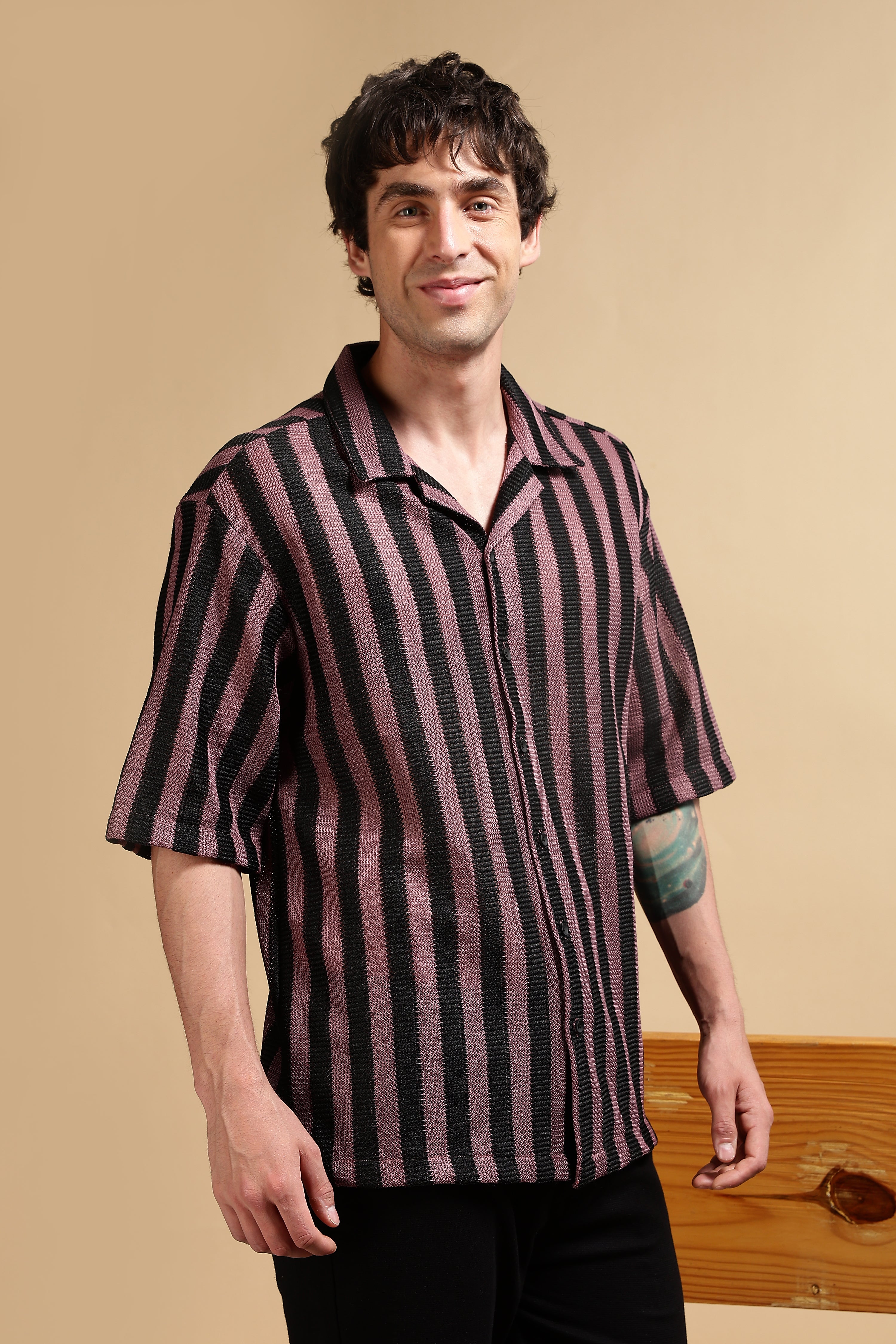 Men Pink Polyester Croatia Striped Shirt