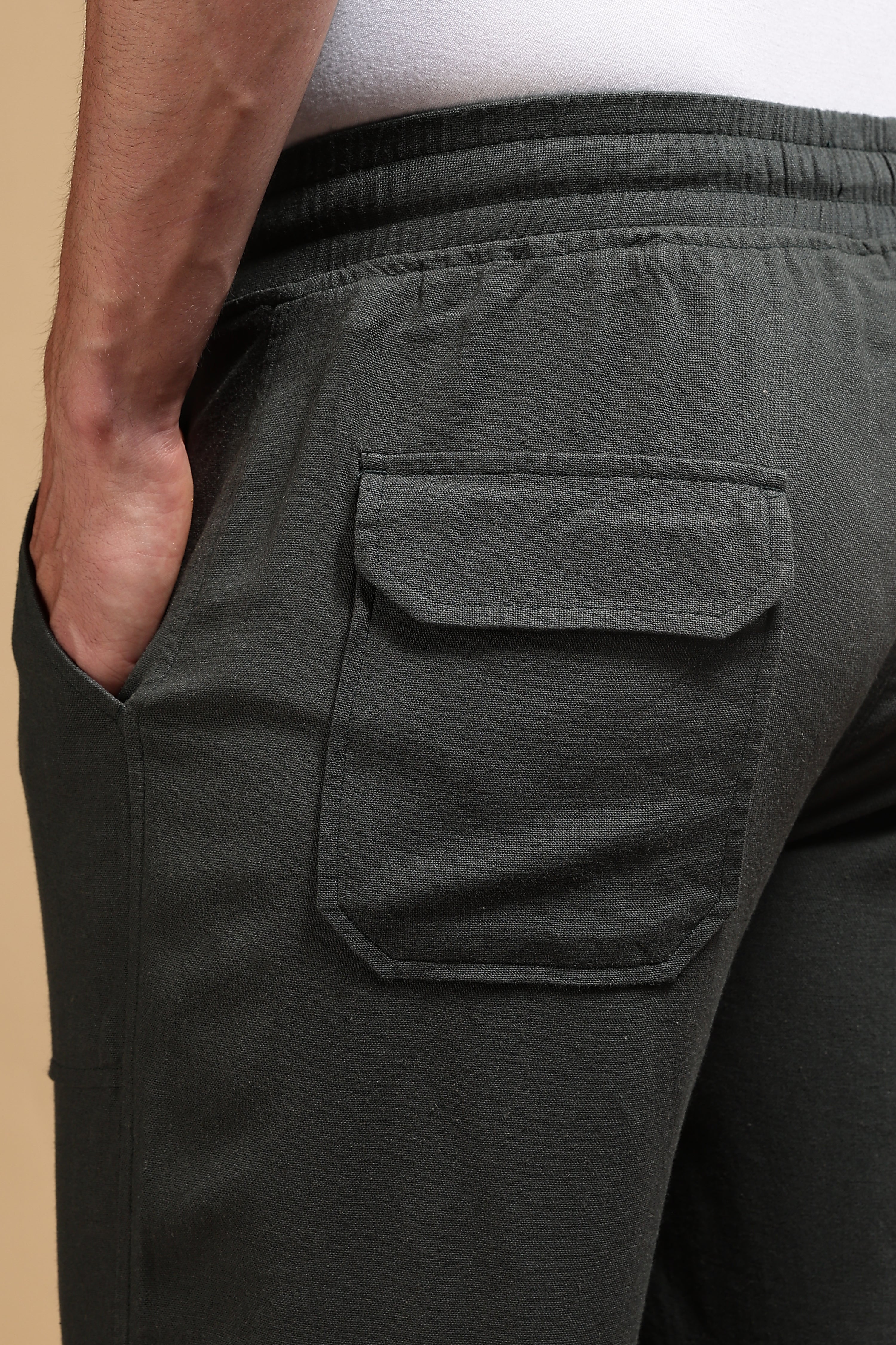 Men Green Linen Blend Loose Fit Drawcord Trousers