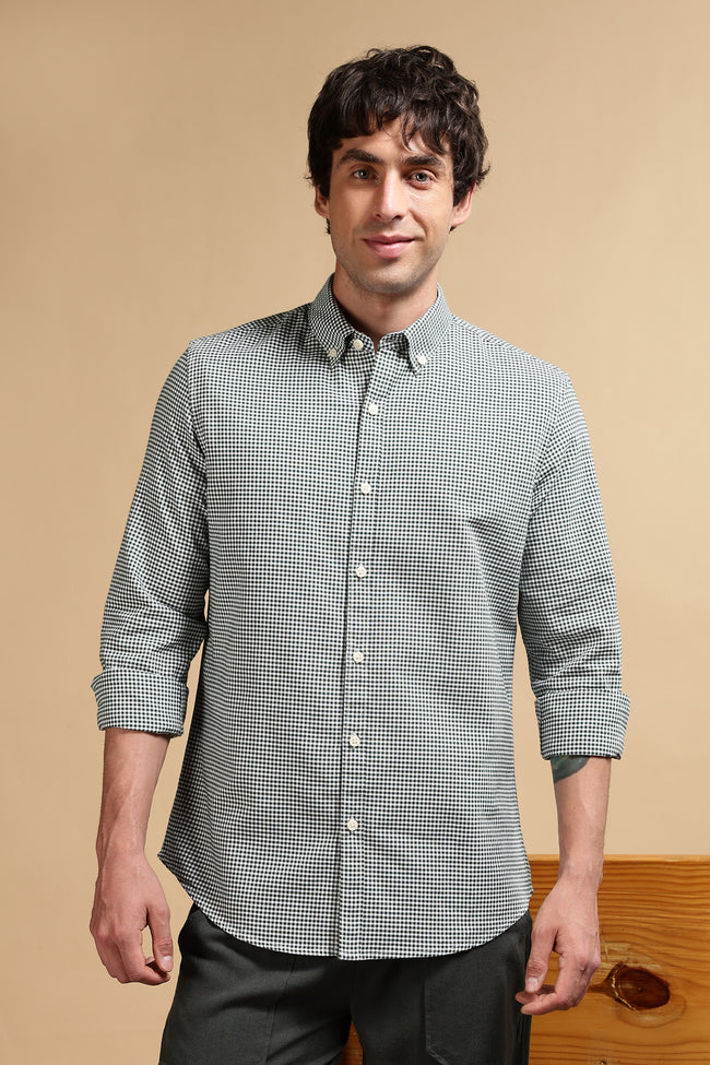 Men Green Cotton Oxford Slim Fit Mini Checks Shirt