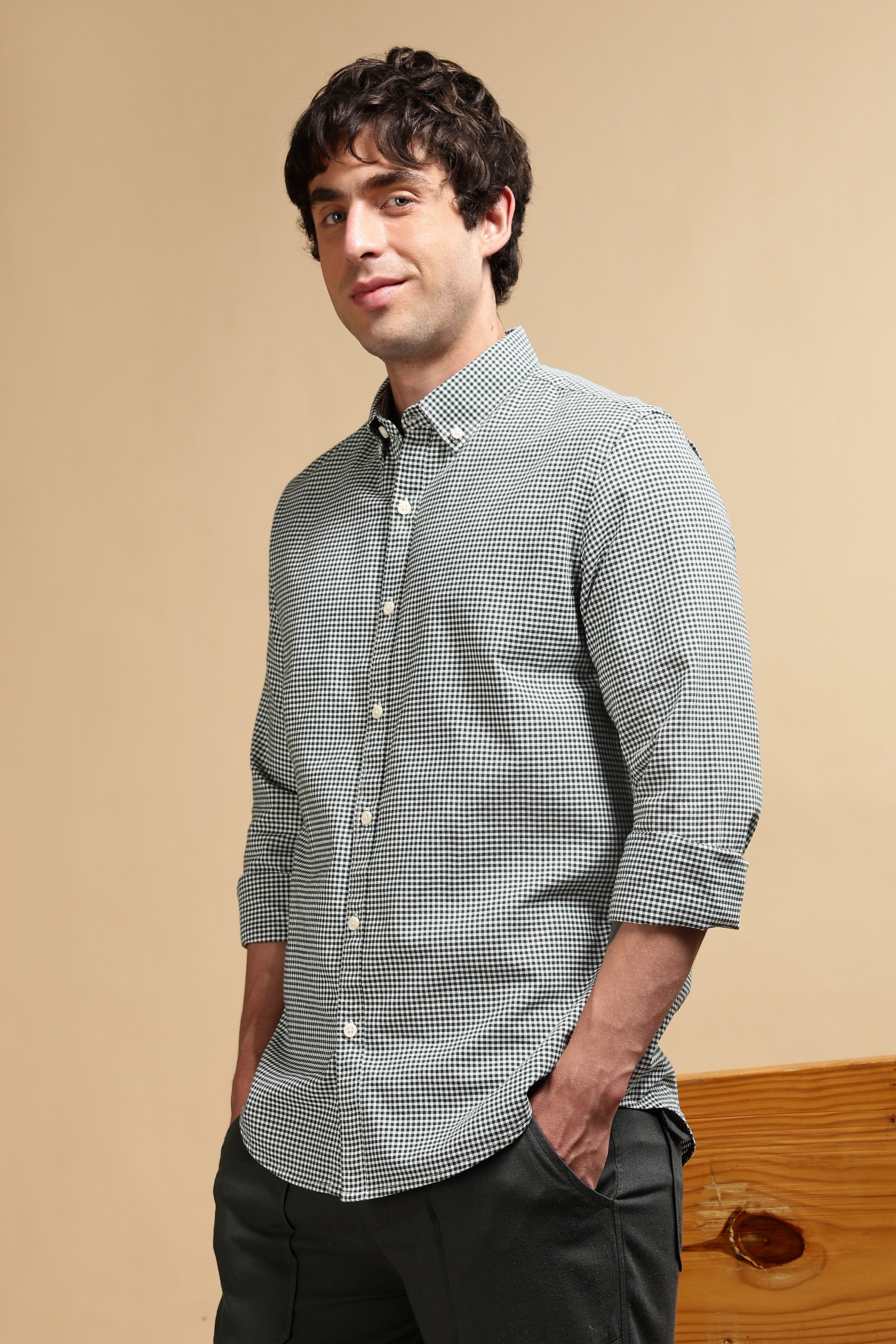 Men Green Cotton Oxford Slim Fit Mini Checks Shirt