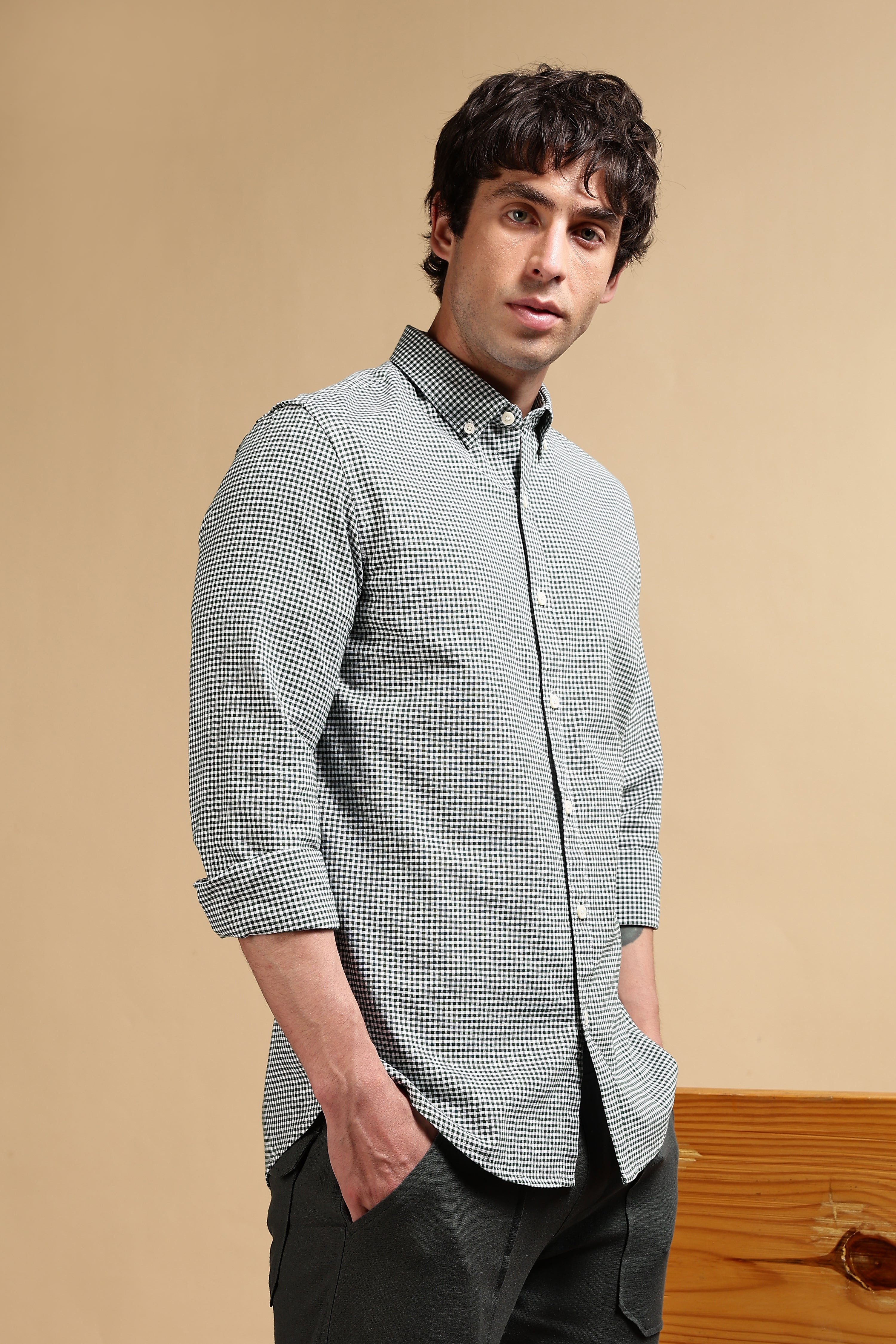 Men Green Cotton Oxford Slim Fit Mini Checks Shirt