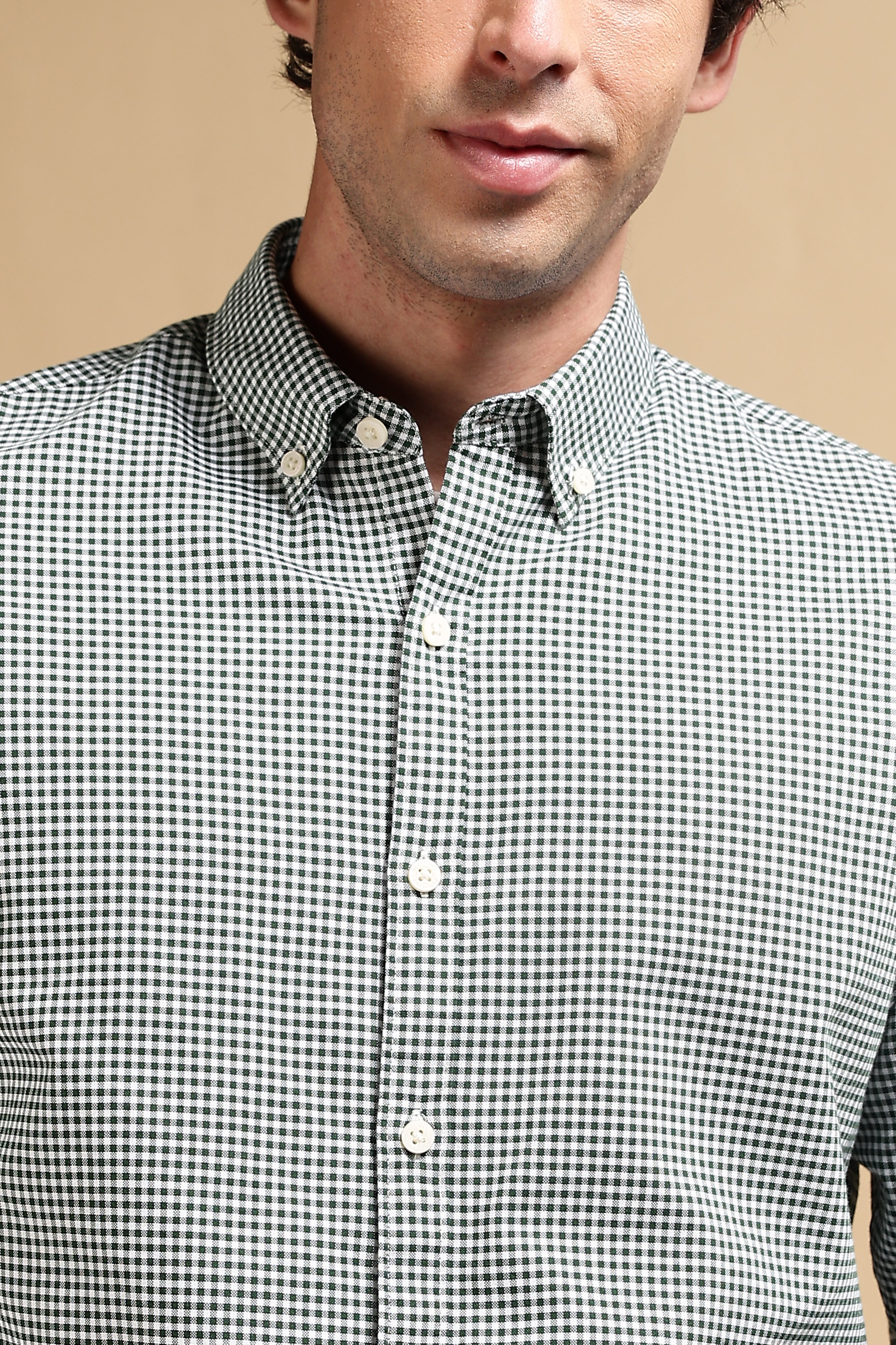 Men Green Cotton Oxford Slim Fit Mini Checks Shirt