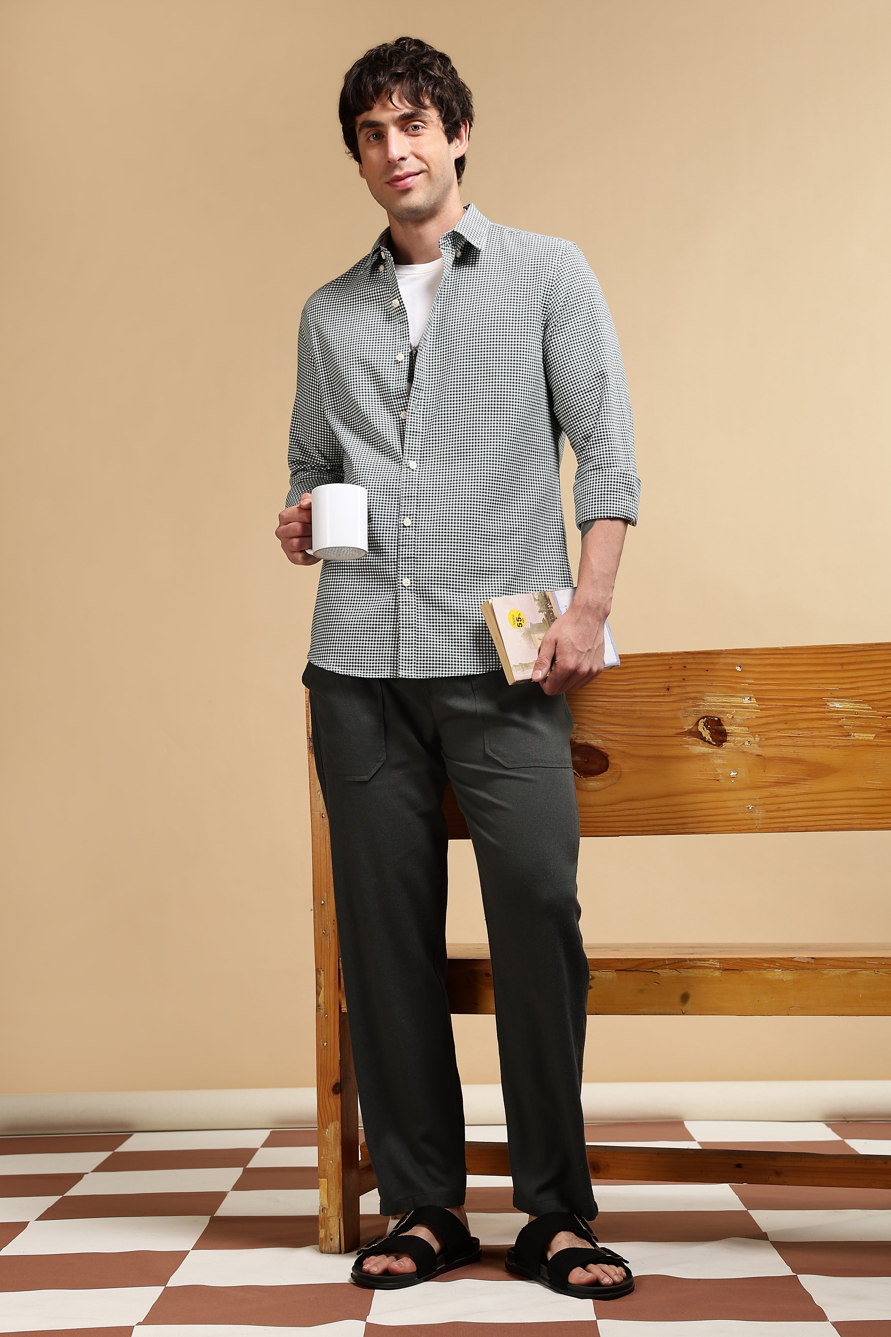 Men Green Cotton Oxford Slim Fit Mini Checks Shirt