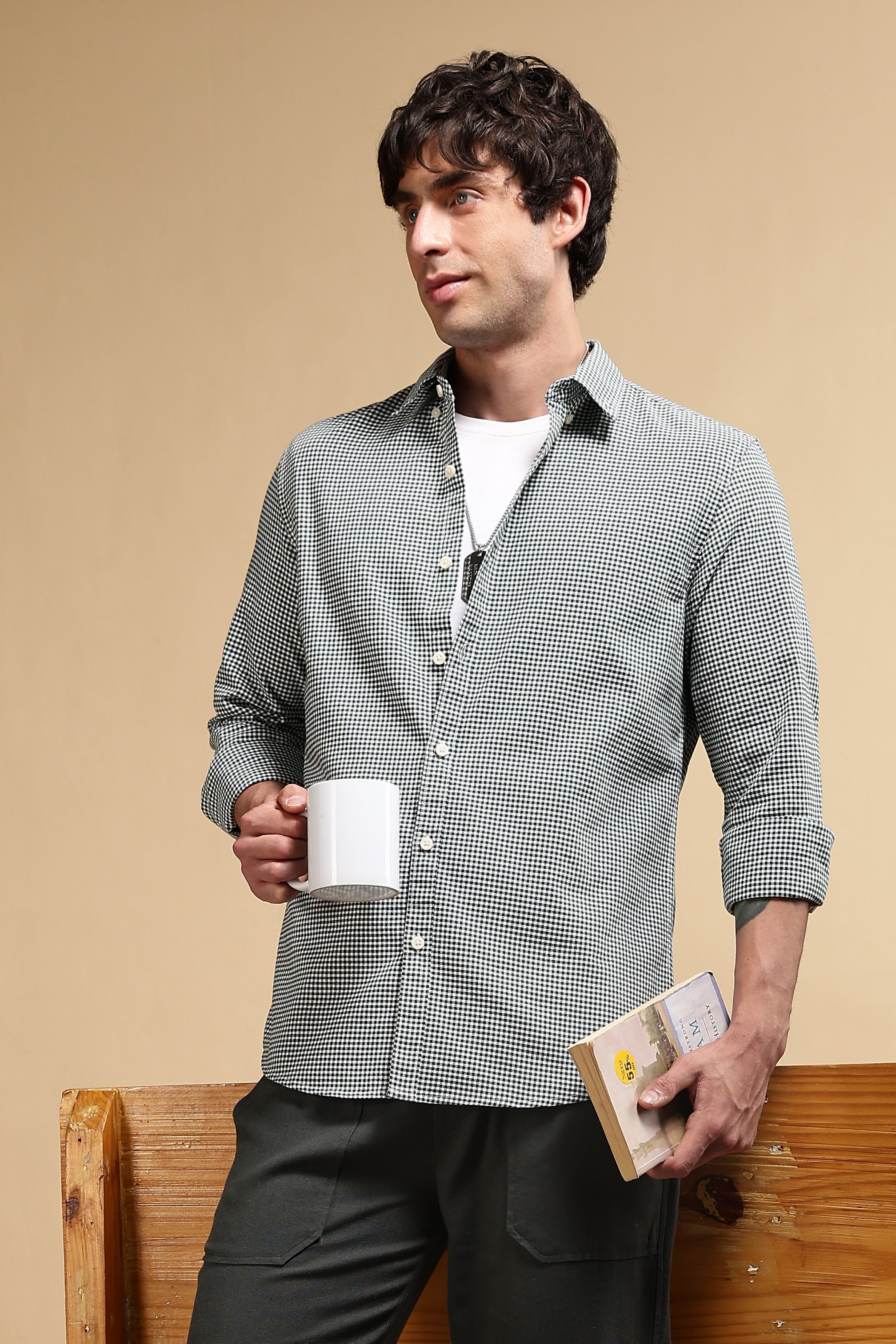 Men Green Cotton Oxford Slim Fit Mini Checks Shirt