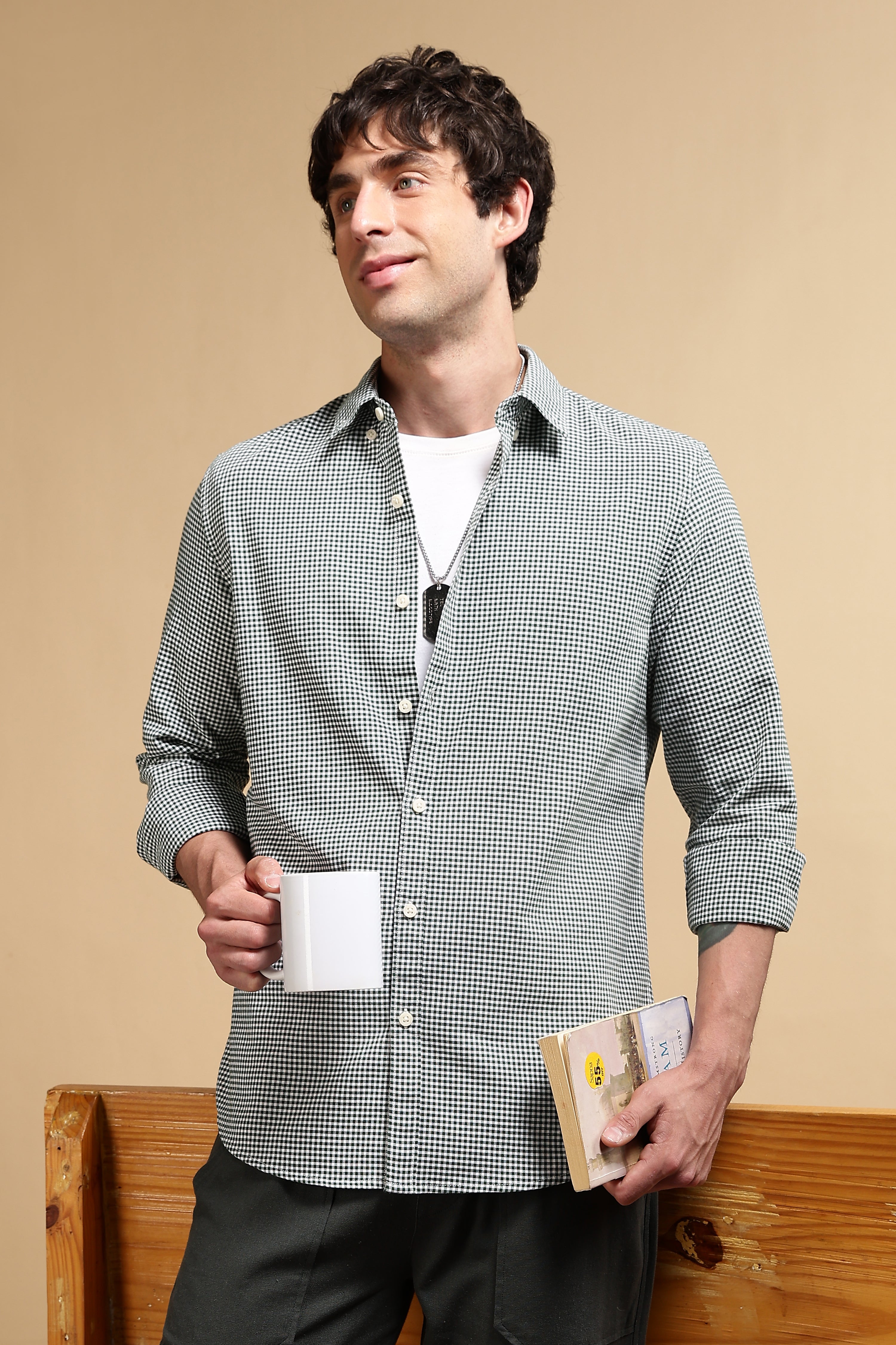 Men Green Cotton Oxford Slim Fit Mini Checks Shirt