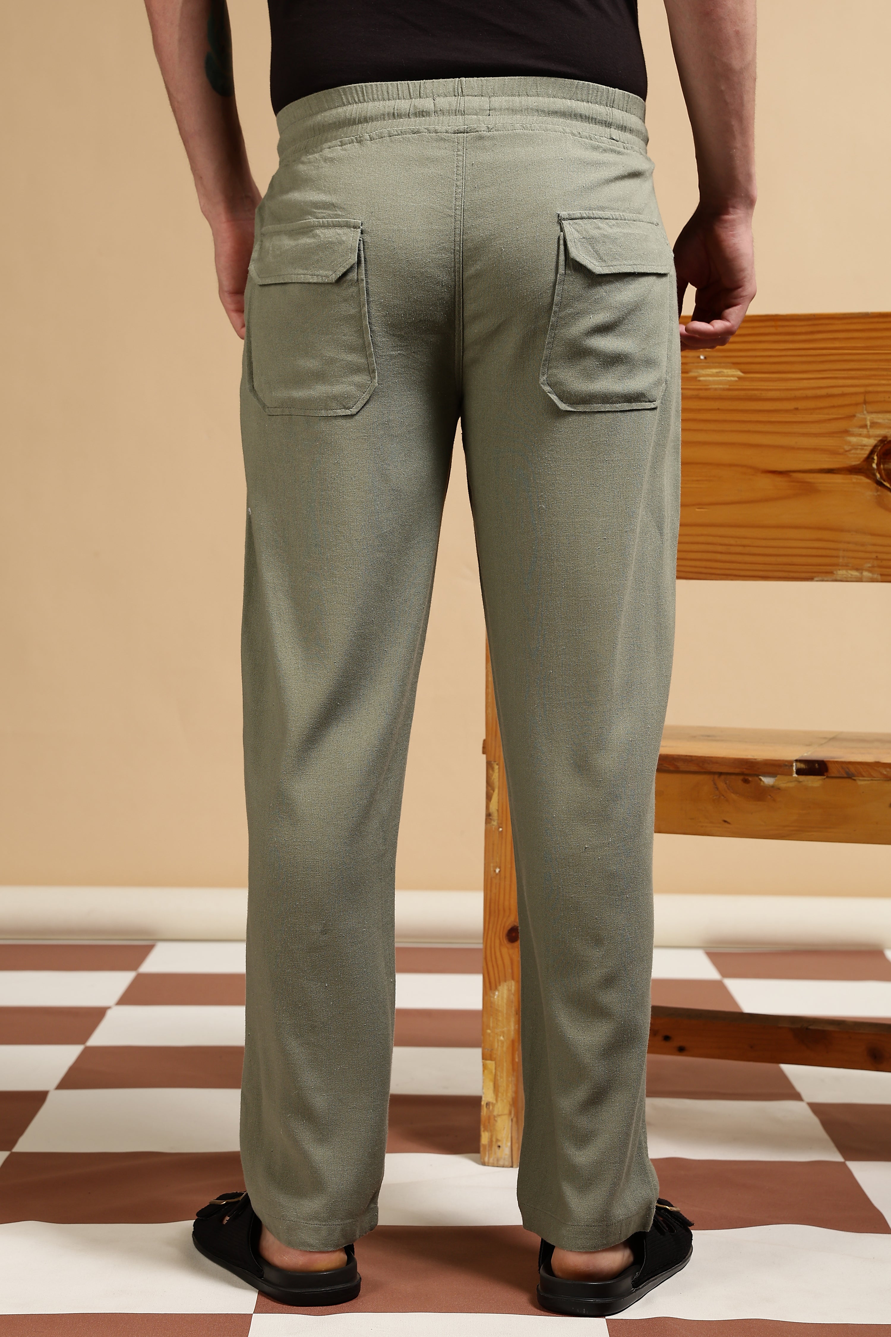Men Olive Linen Blend Loose Fit Drawcord Trousers