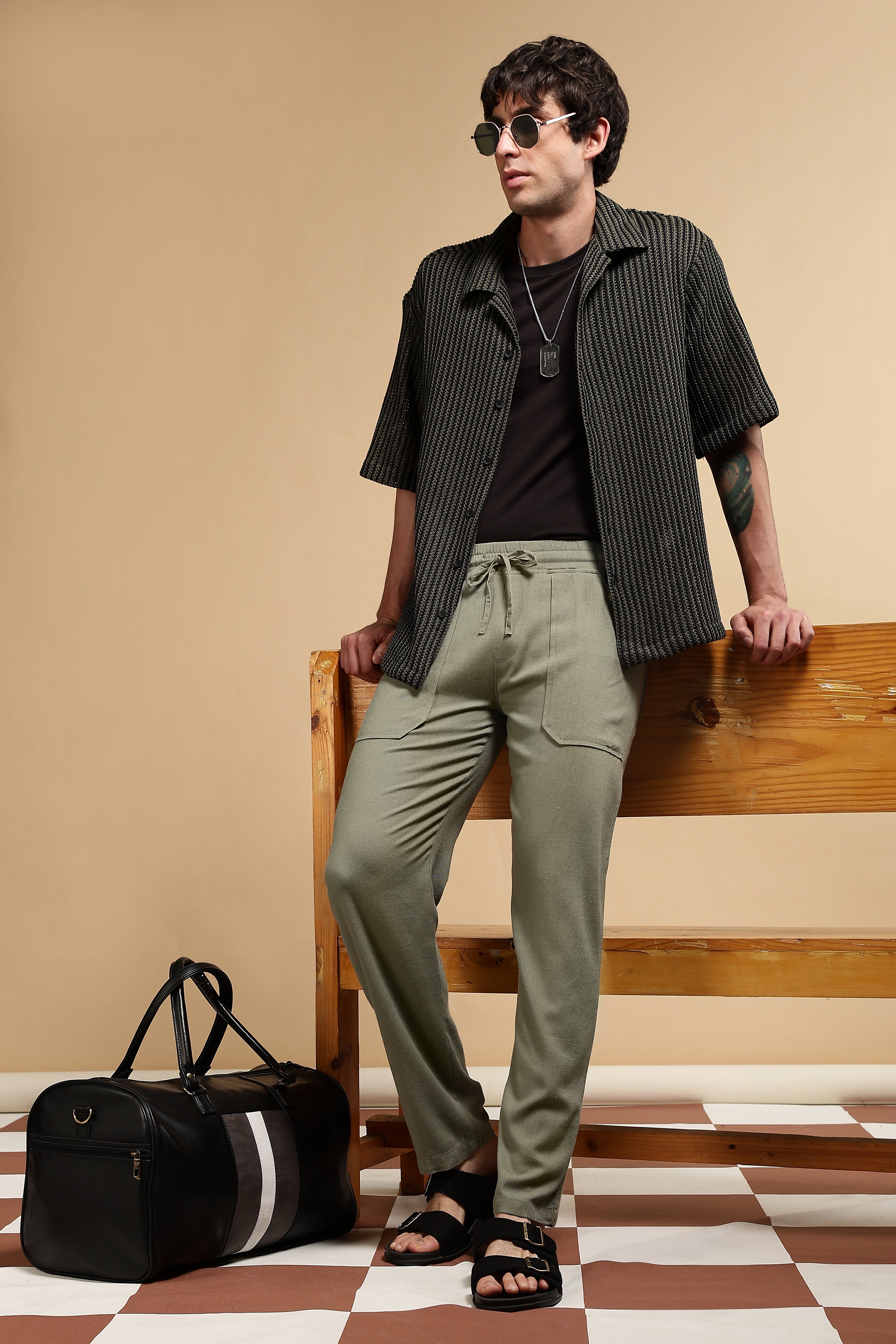 Men Olive Linen Blend Loose Fit Drawcord Trousers