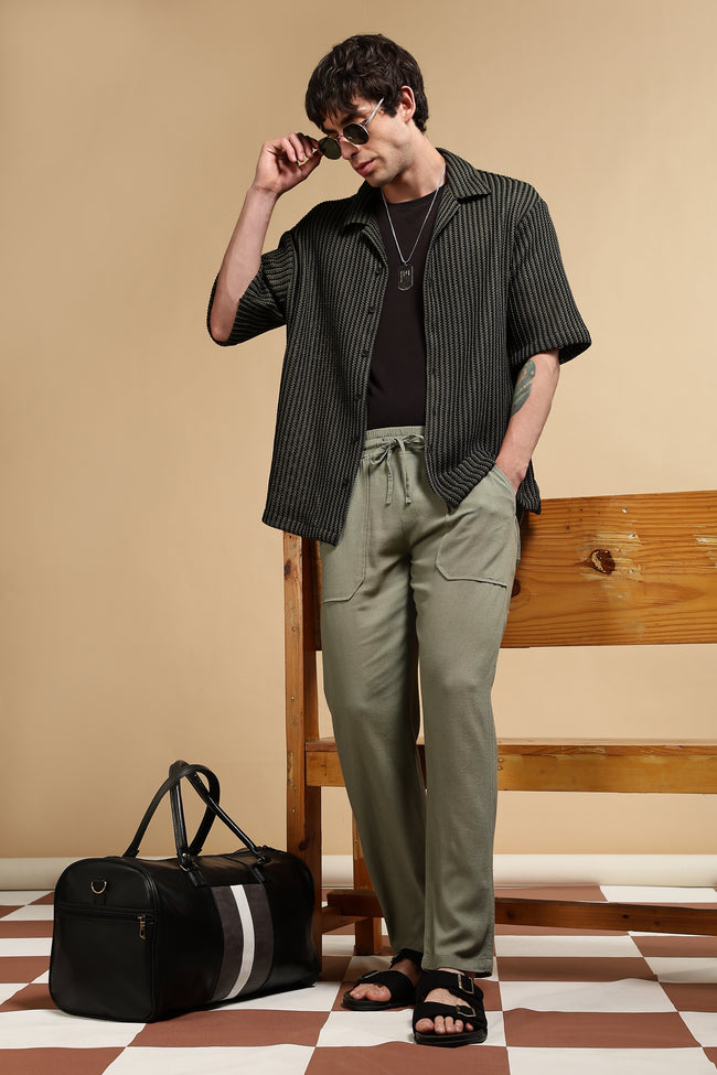 Men Olive Linen Blend Loose Fit Drawcord Trousers