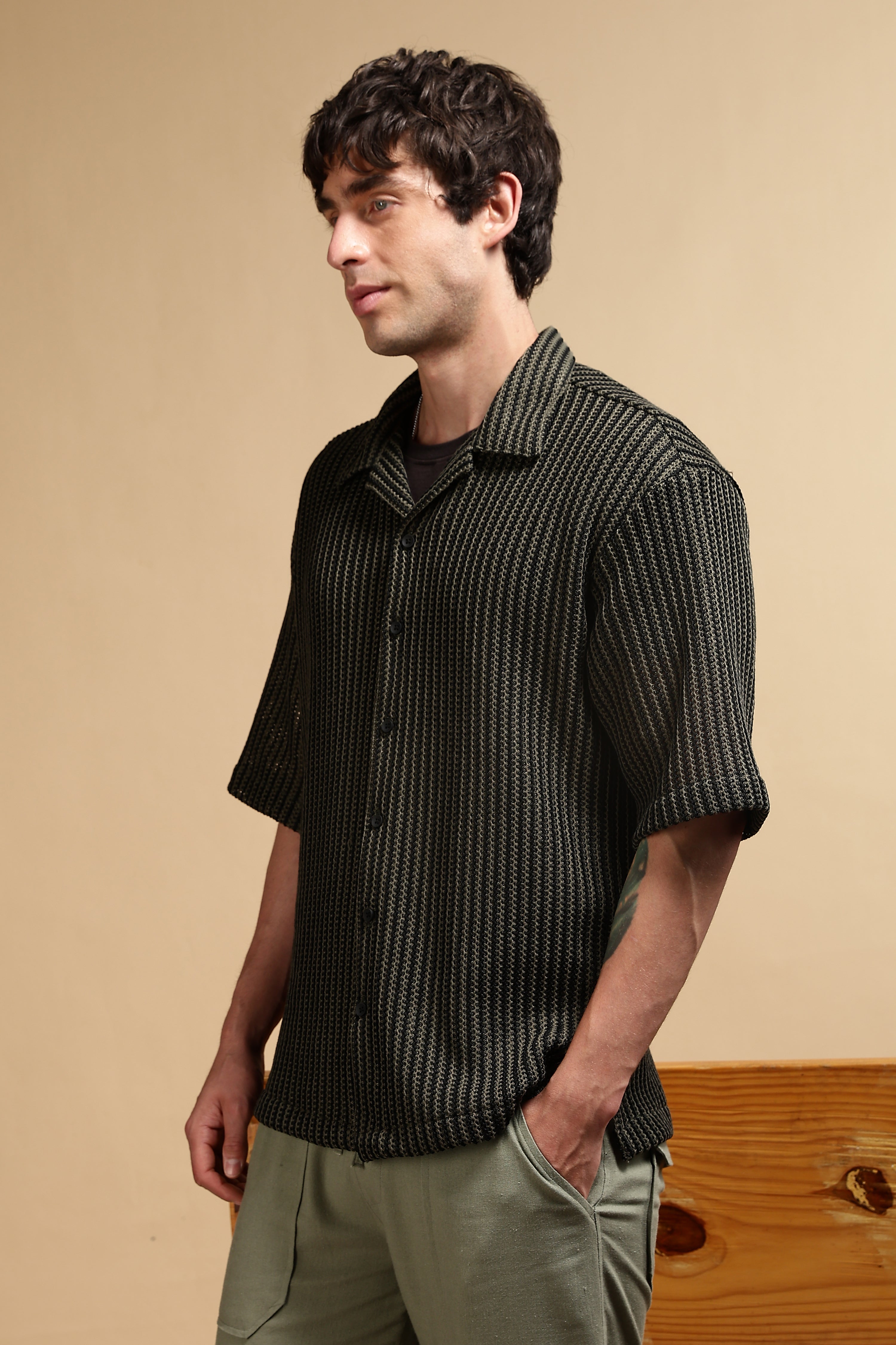 Men Green Polyester Relaxed Fit Shirt