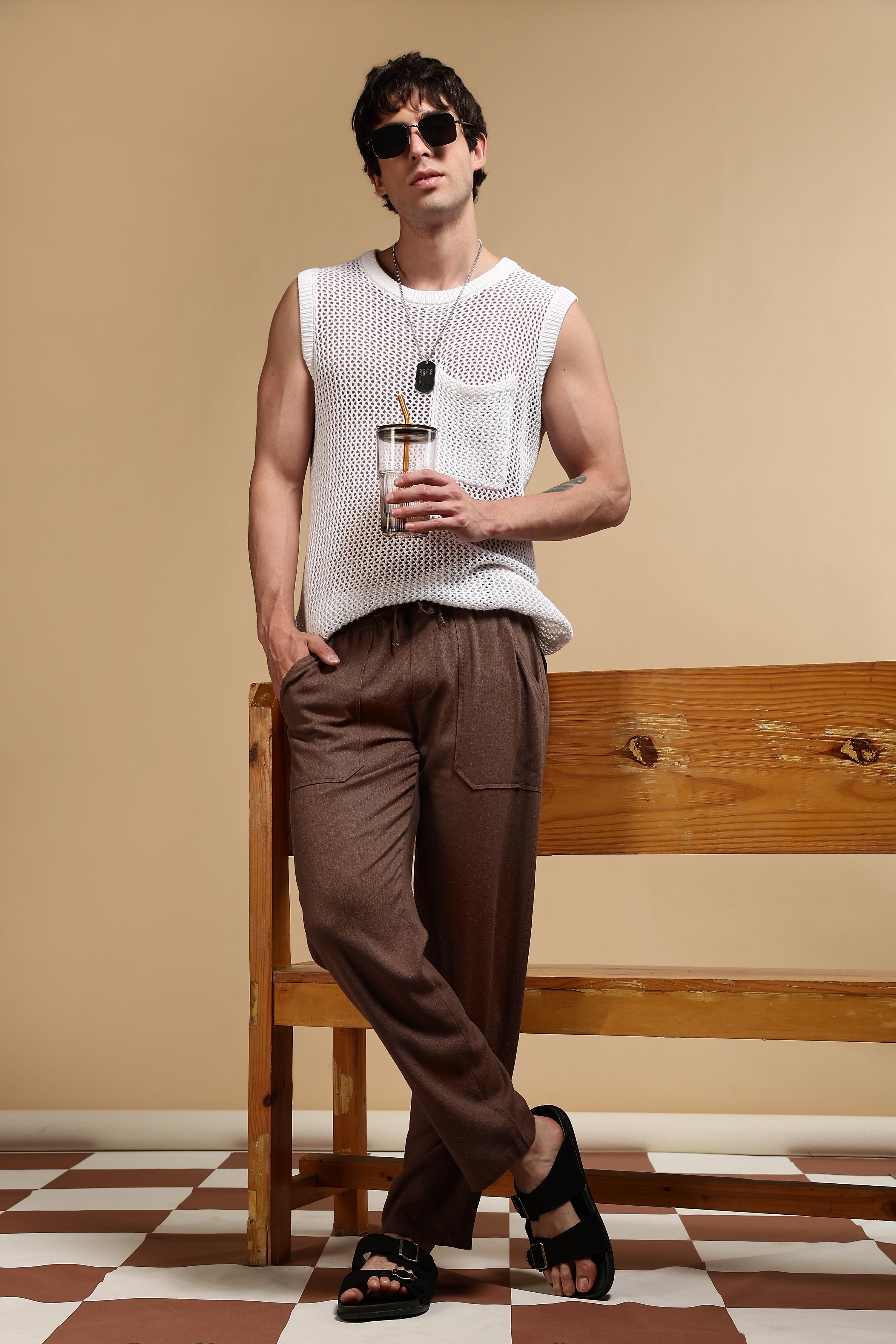 Men Brown Linen Blend Loose Fit Drawcord Trousers