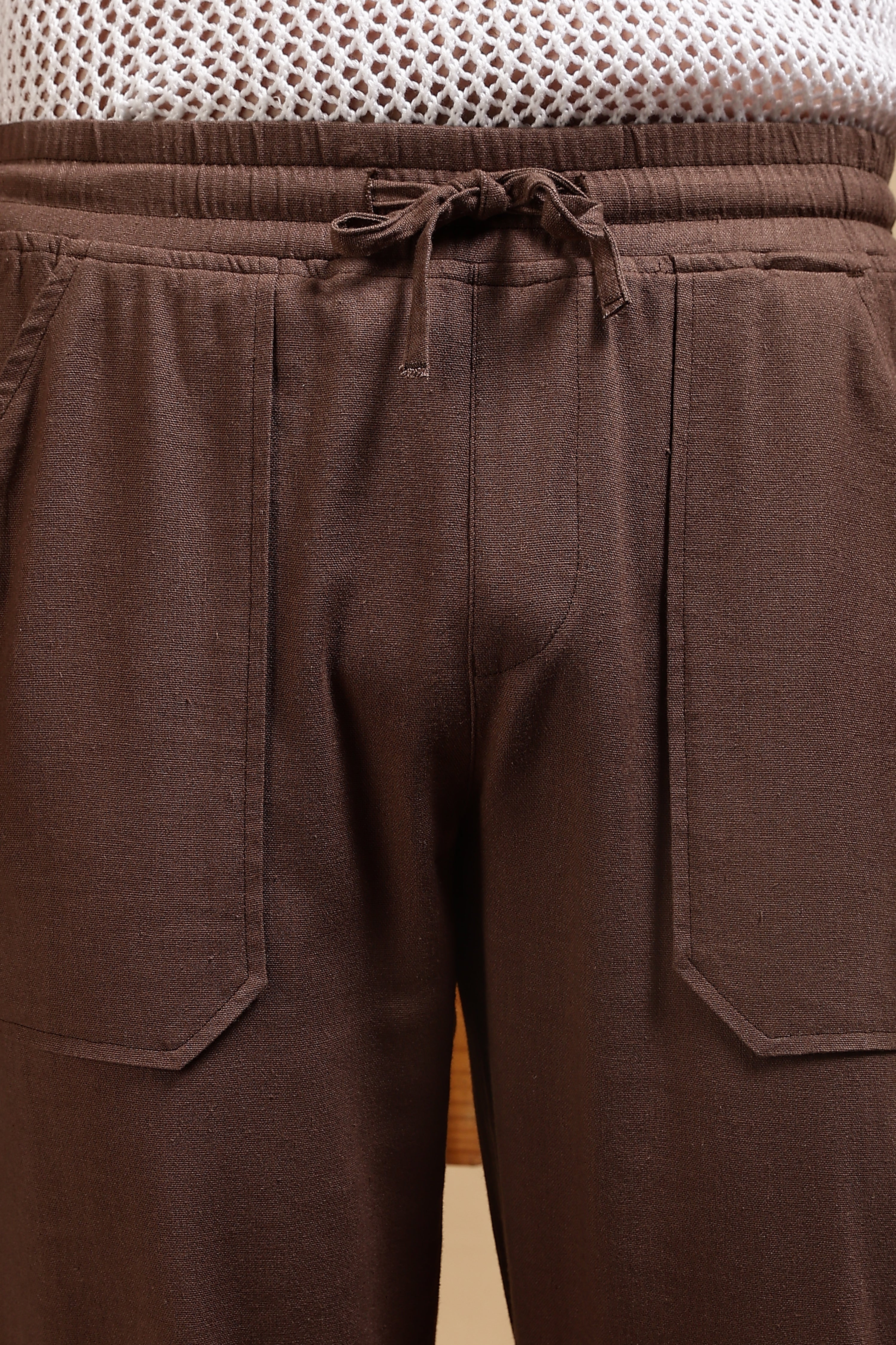 Men Brown Linen Blend Loose Fit Drawcord Trousers – FYVA