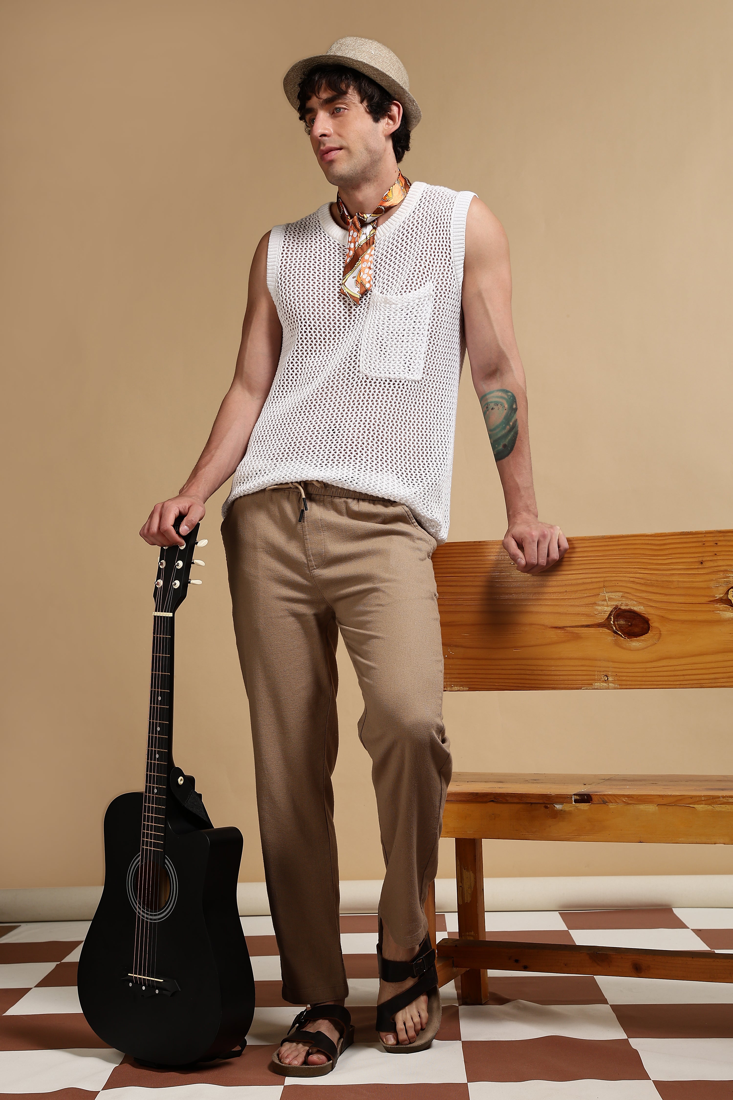 Men Khaki Cotton Loose Fit Drawcord Pants