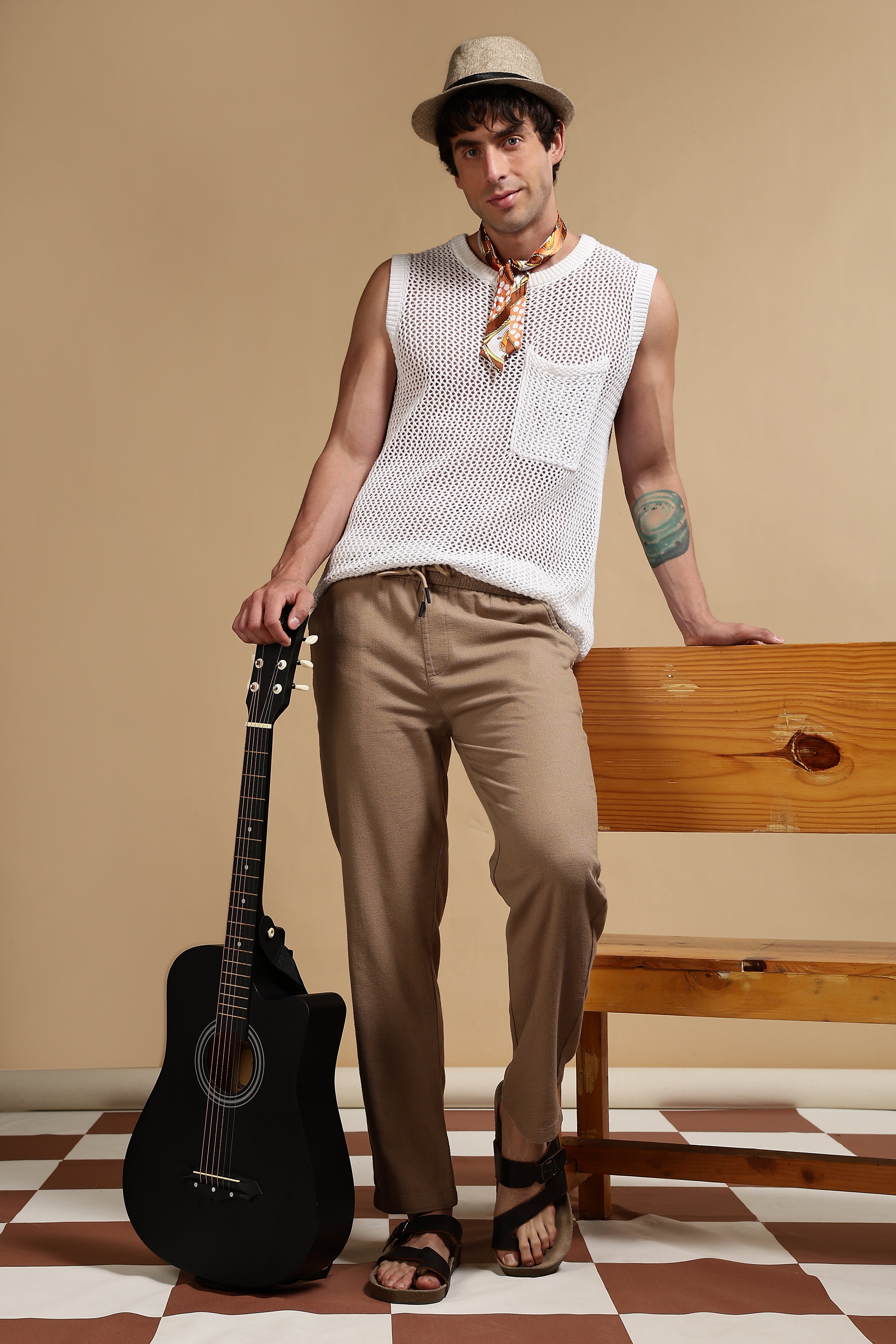 Men Khaki Cotton Loose Fit Drawcord Pants