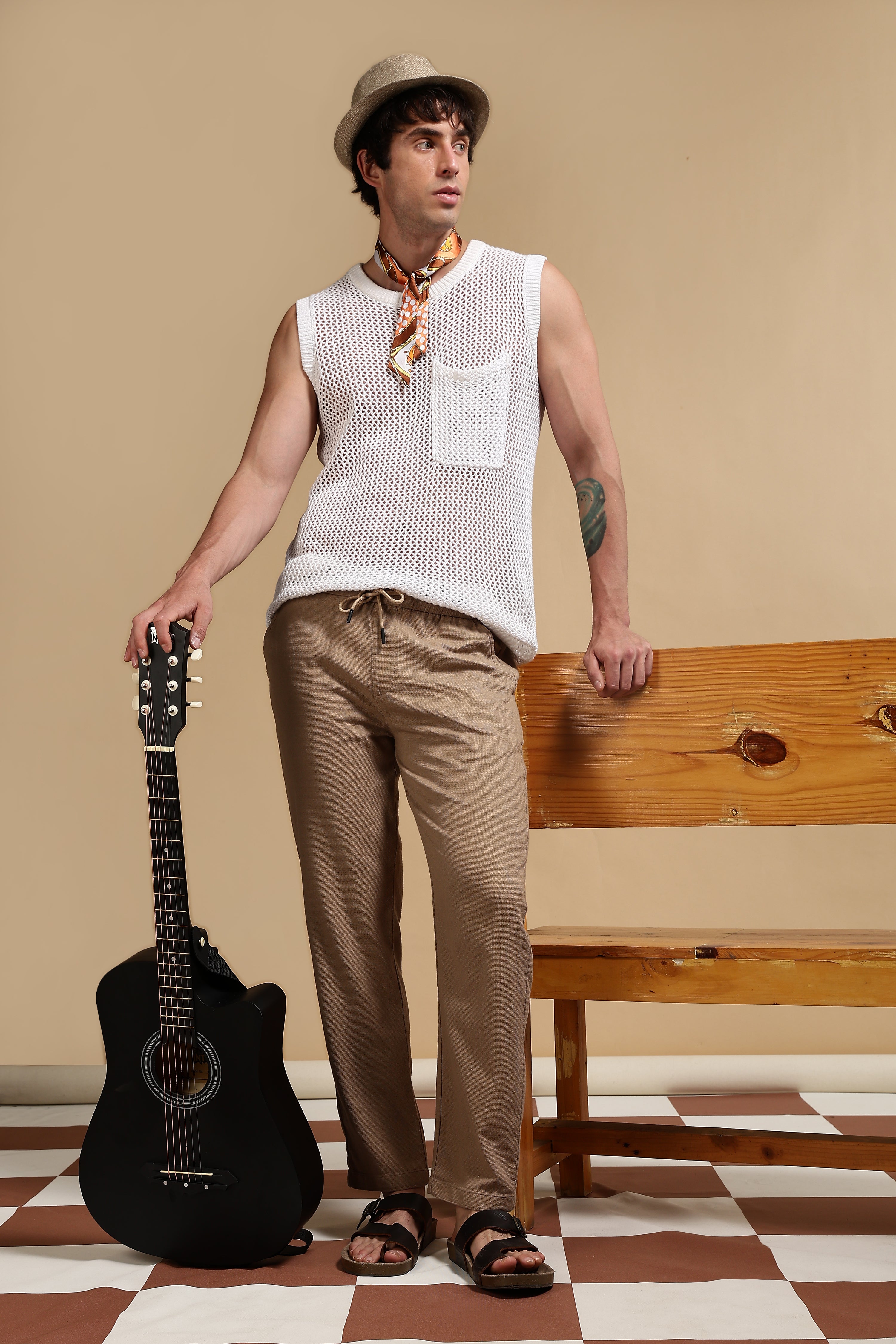 Men Khaki Cotton Loose Fit Drawcord Pants