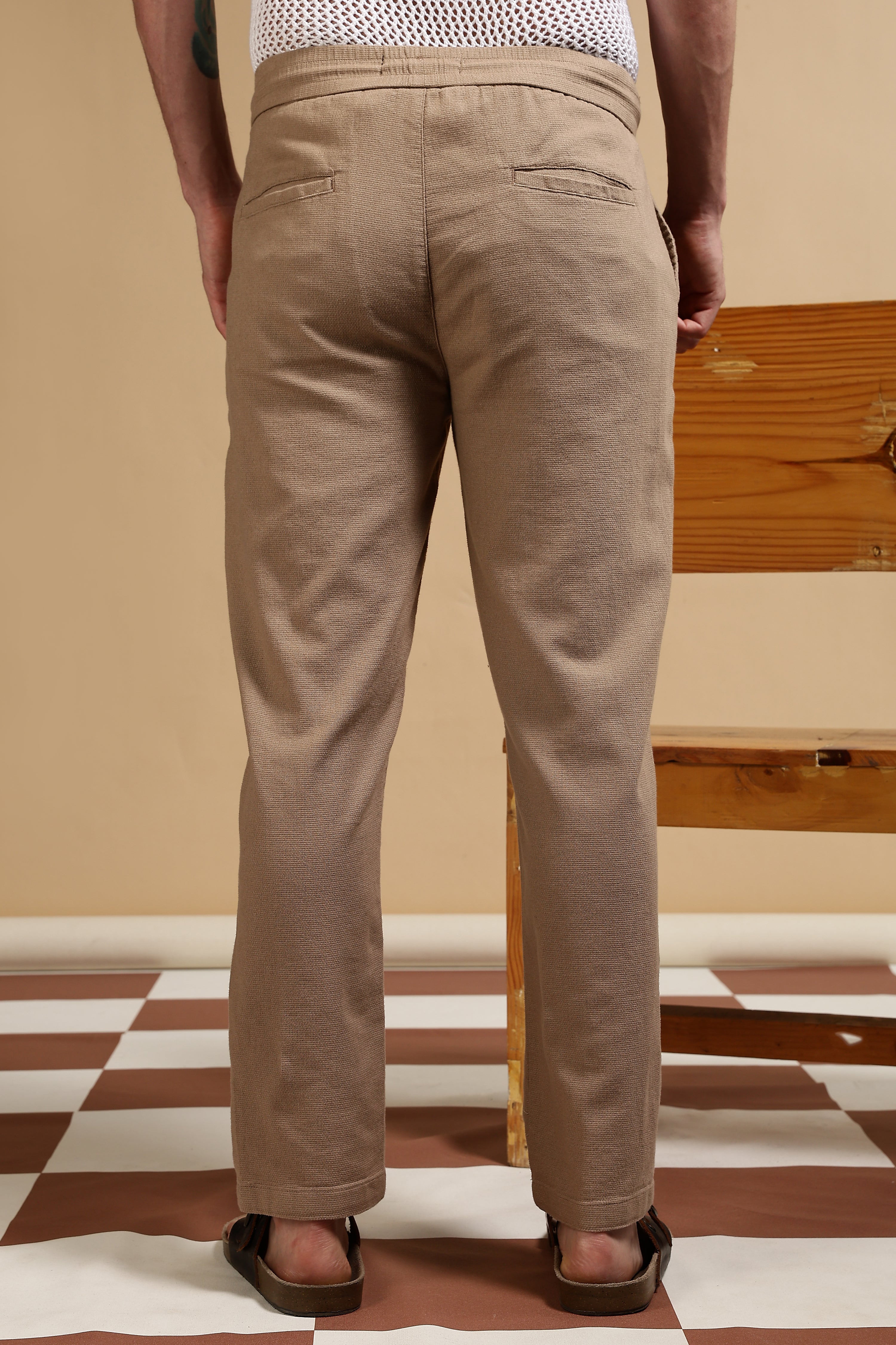 Men Khaki Cotton Loose Fit Drawcord Pants