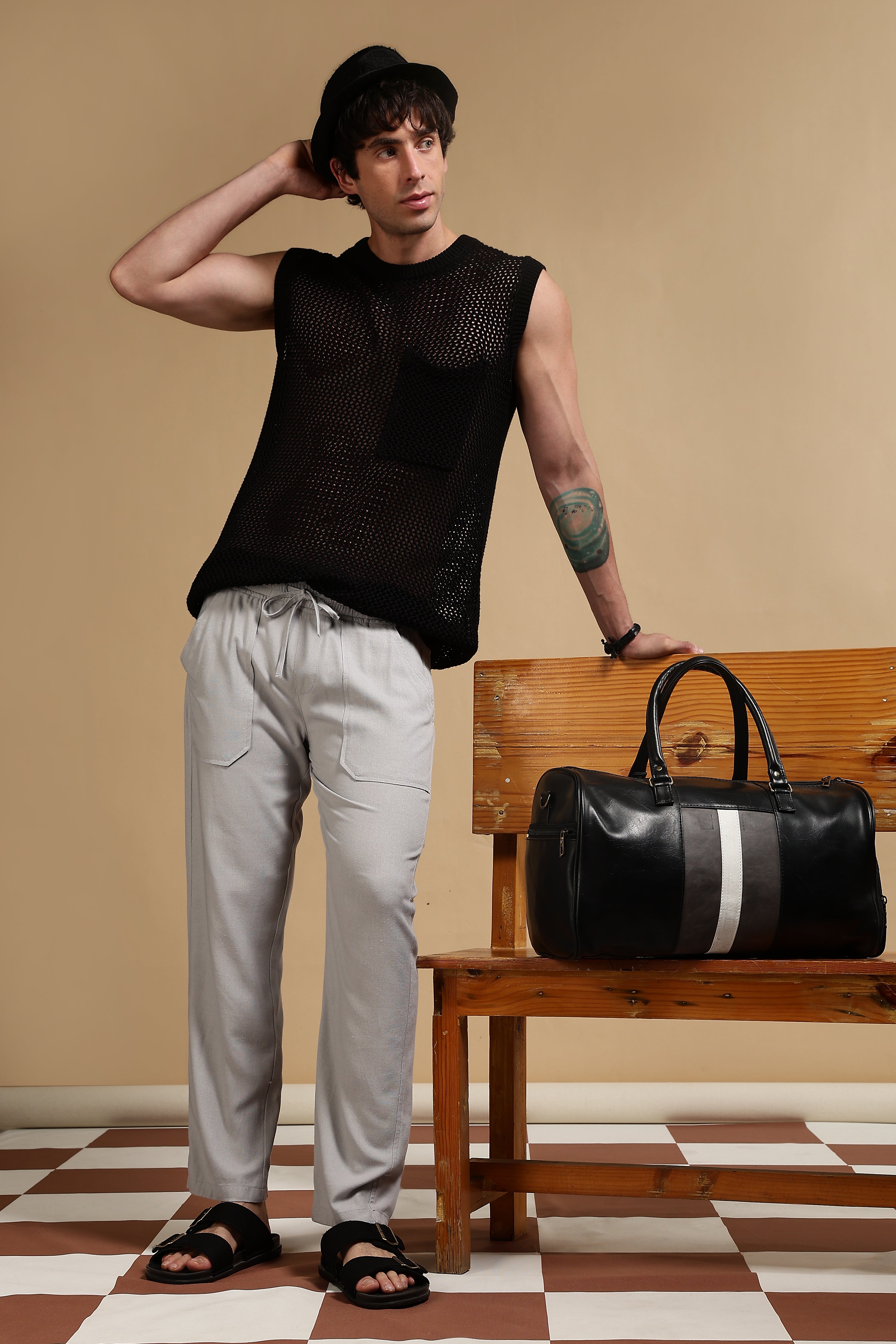 Men Grey Linen Blend Loose Fit Drawcord Trousers