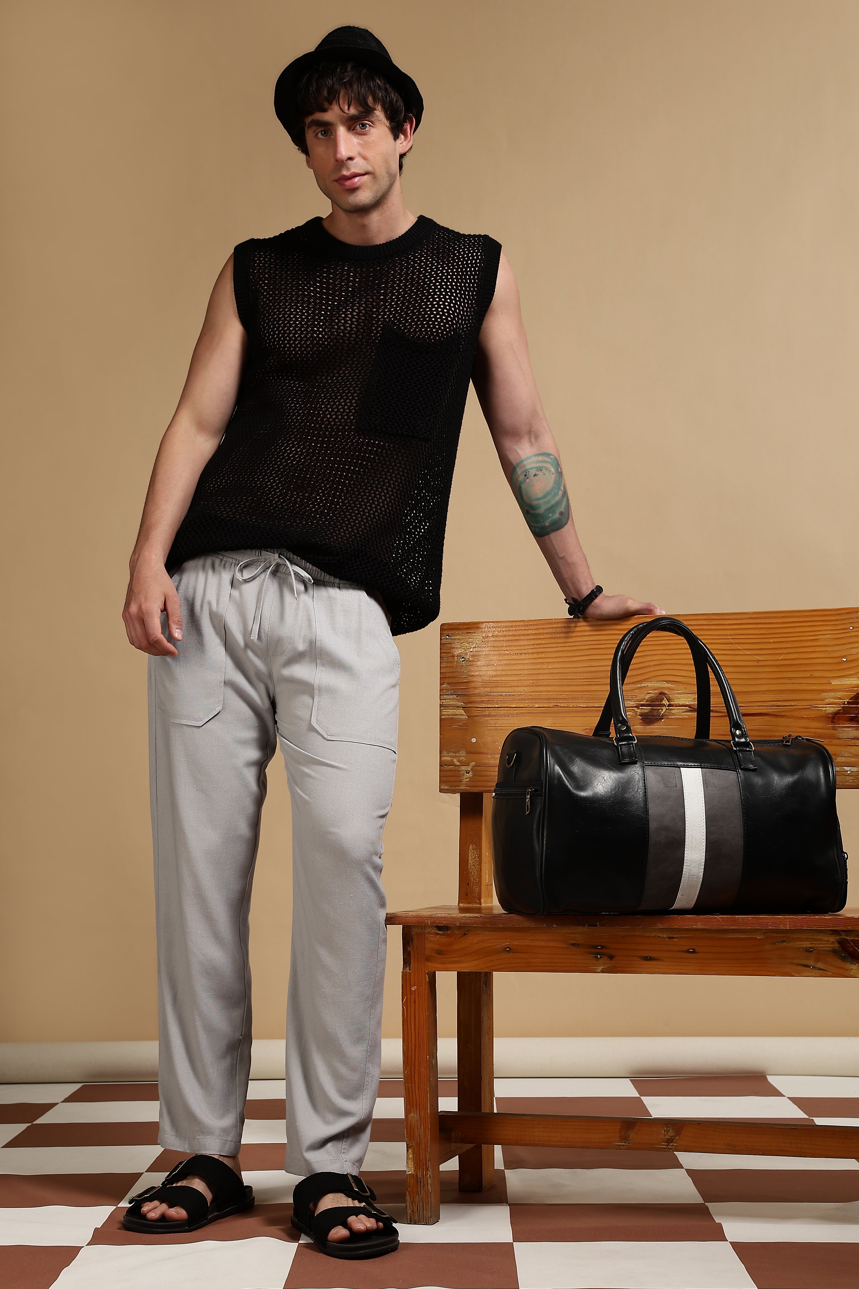 Men Grey Linen Blend Loose Fit Drawcord Trousers