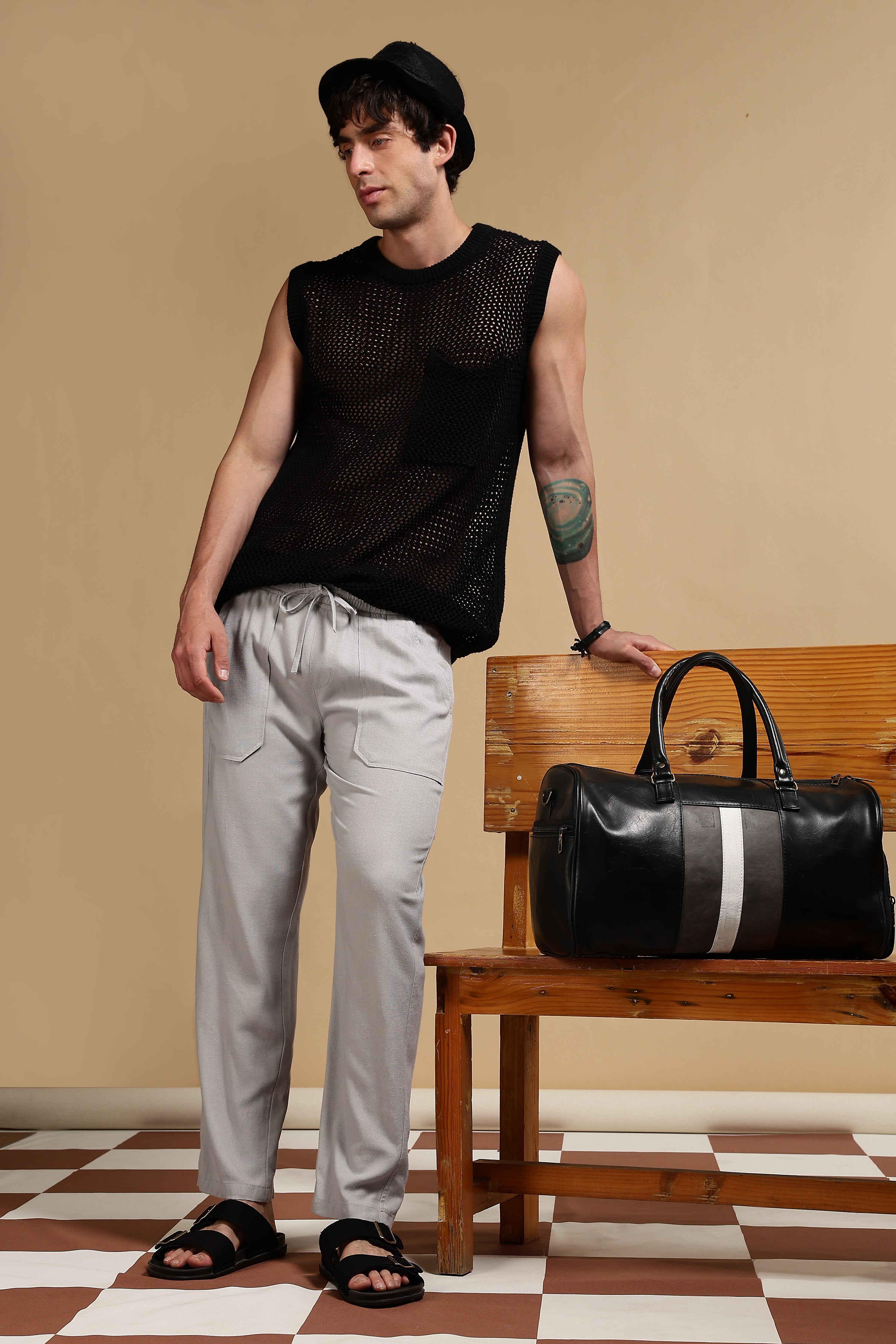 Men Grey Linen Blend Loose Fit Drawcord Trousers