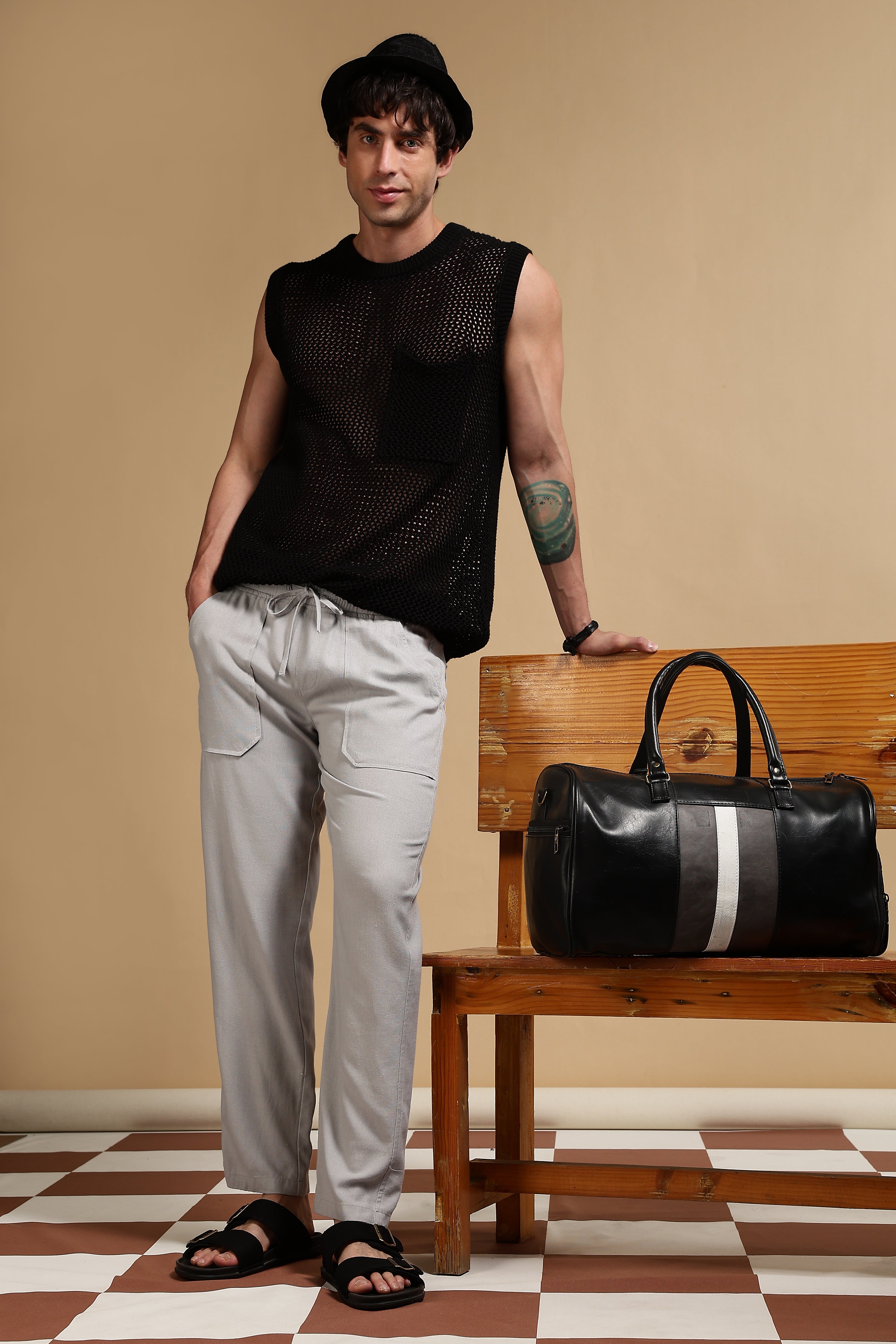 Men Grey Linen Blend Loose Fit Drawcord Trousers