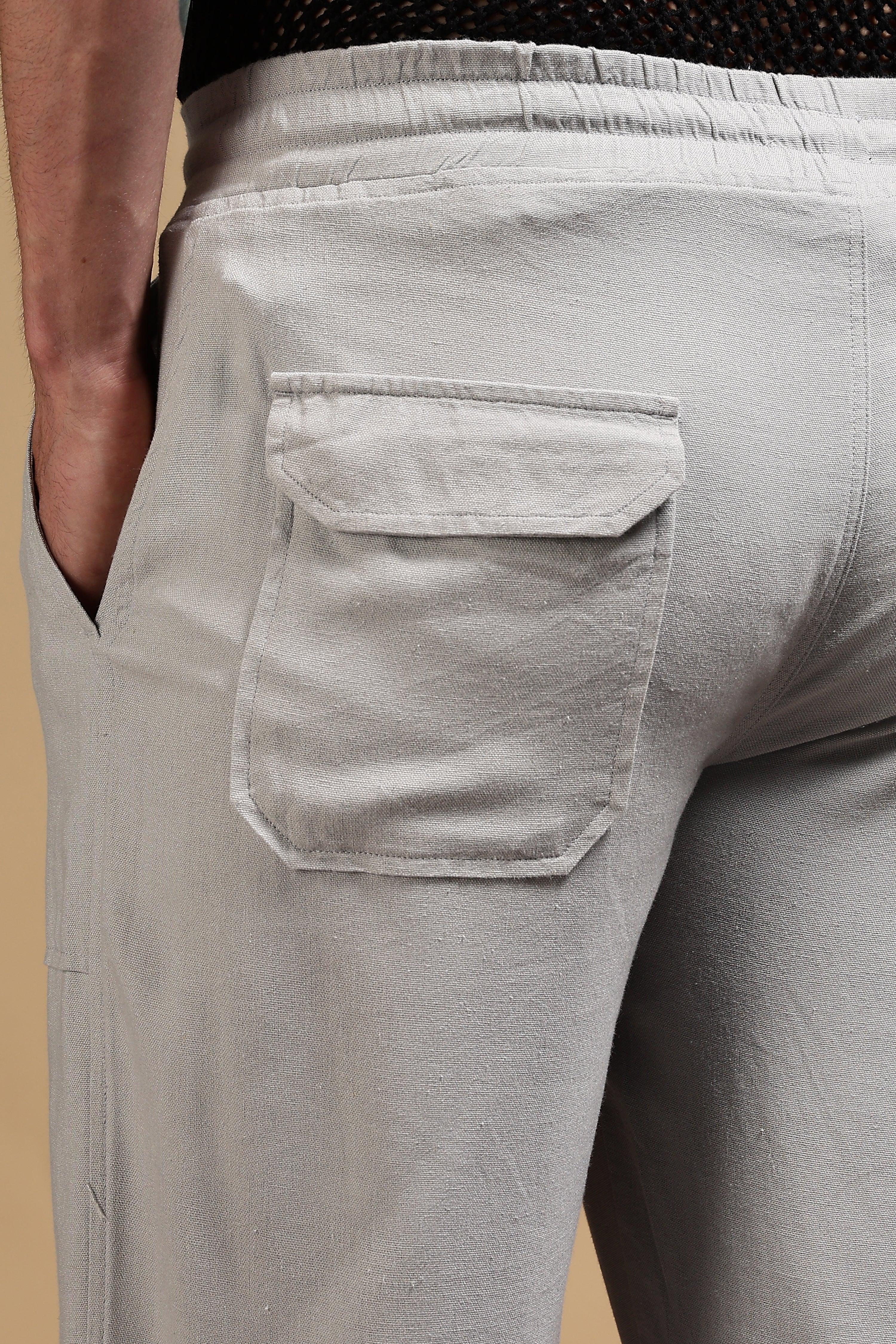 Men Grey Linen Blend Loose Fit Drawcord Trousers