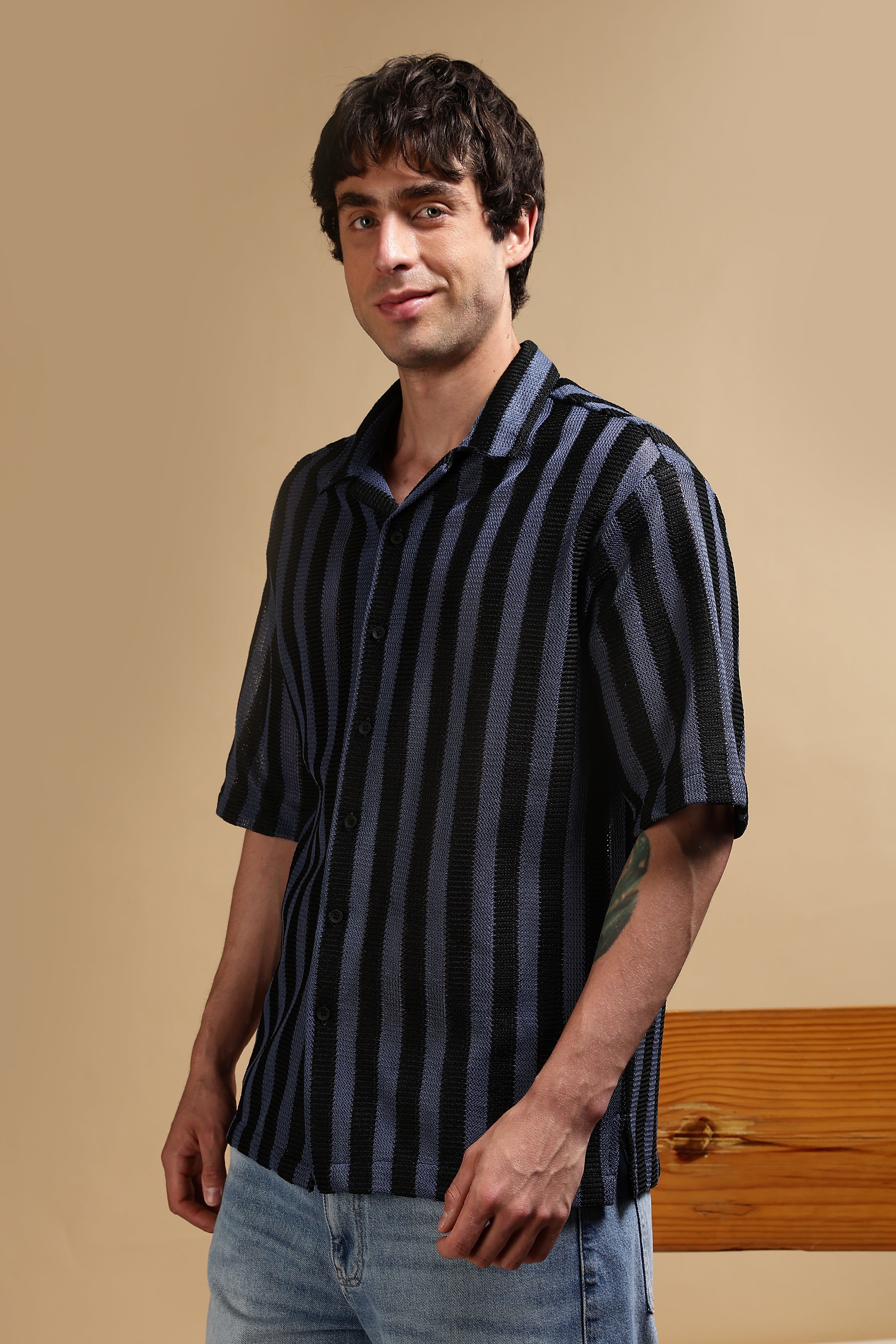 Men Blue Polyester Croatia Striped Shirt