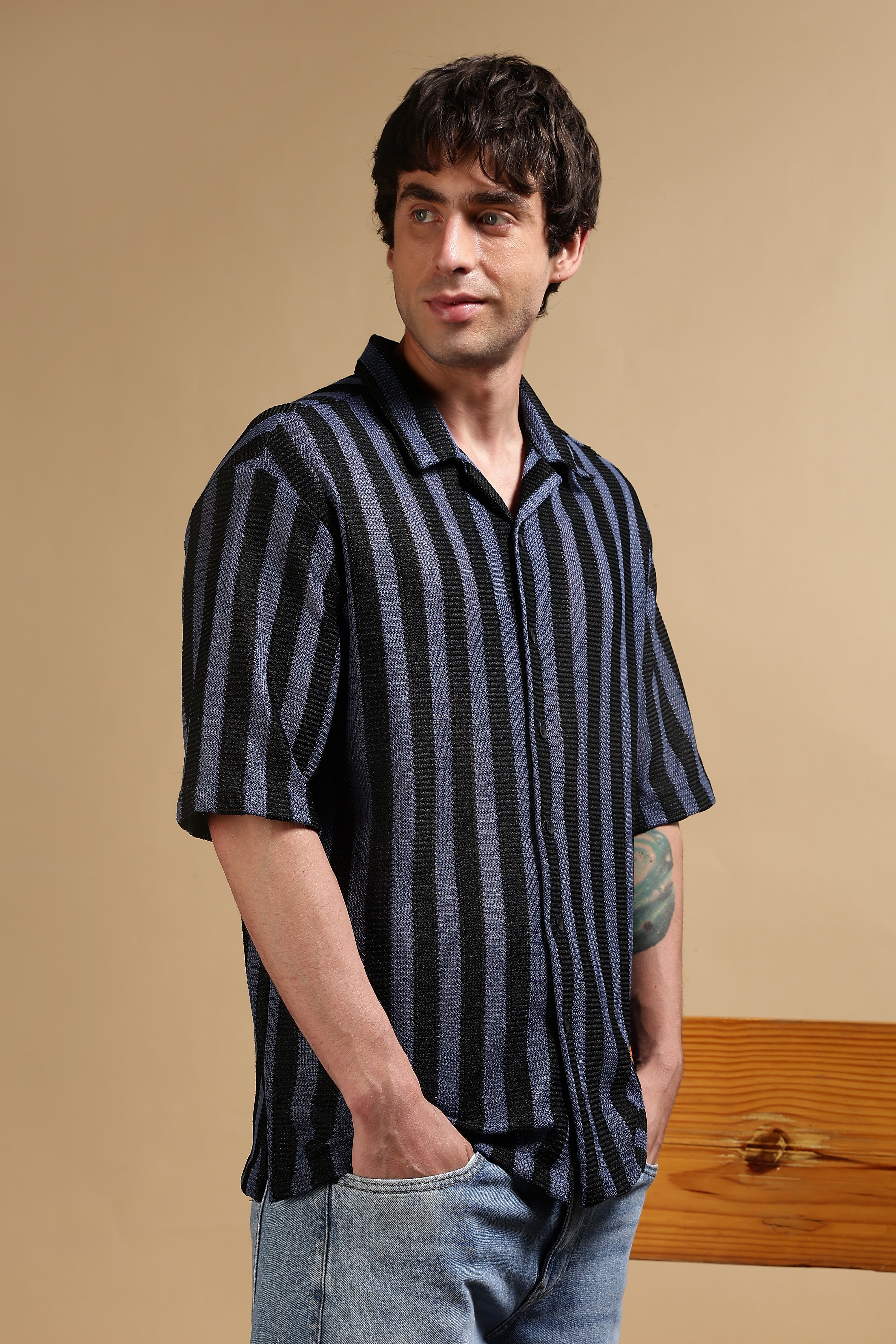 Men Blue Polyester Croatia Striped Shirt