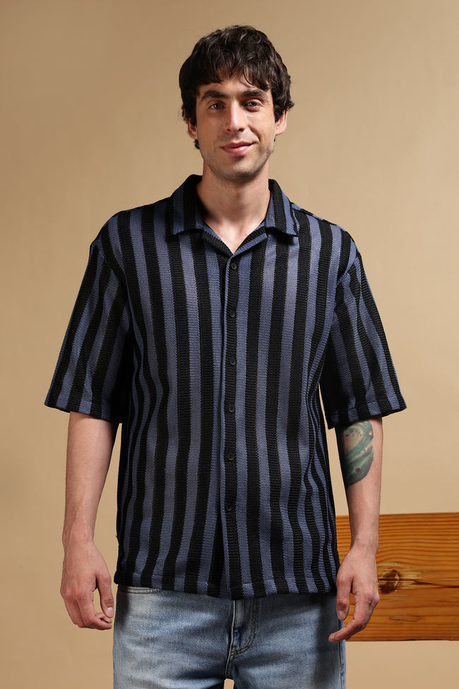 Men Blue Polyester Croatia Striped Shirt