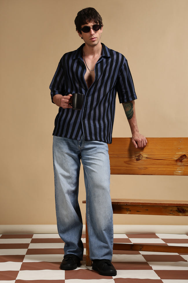 Men Blue Polyester Croatia Striped Shirt