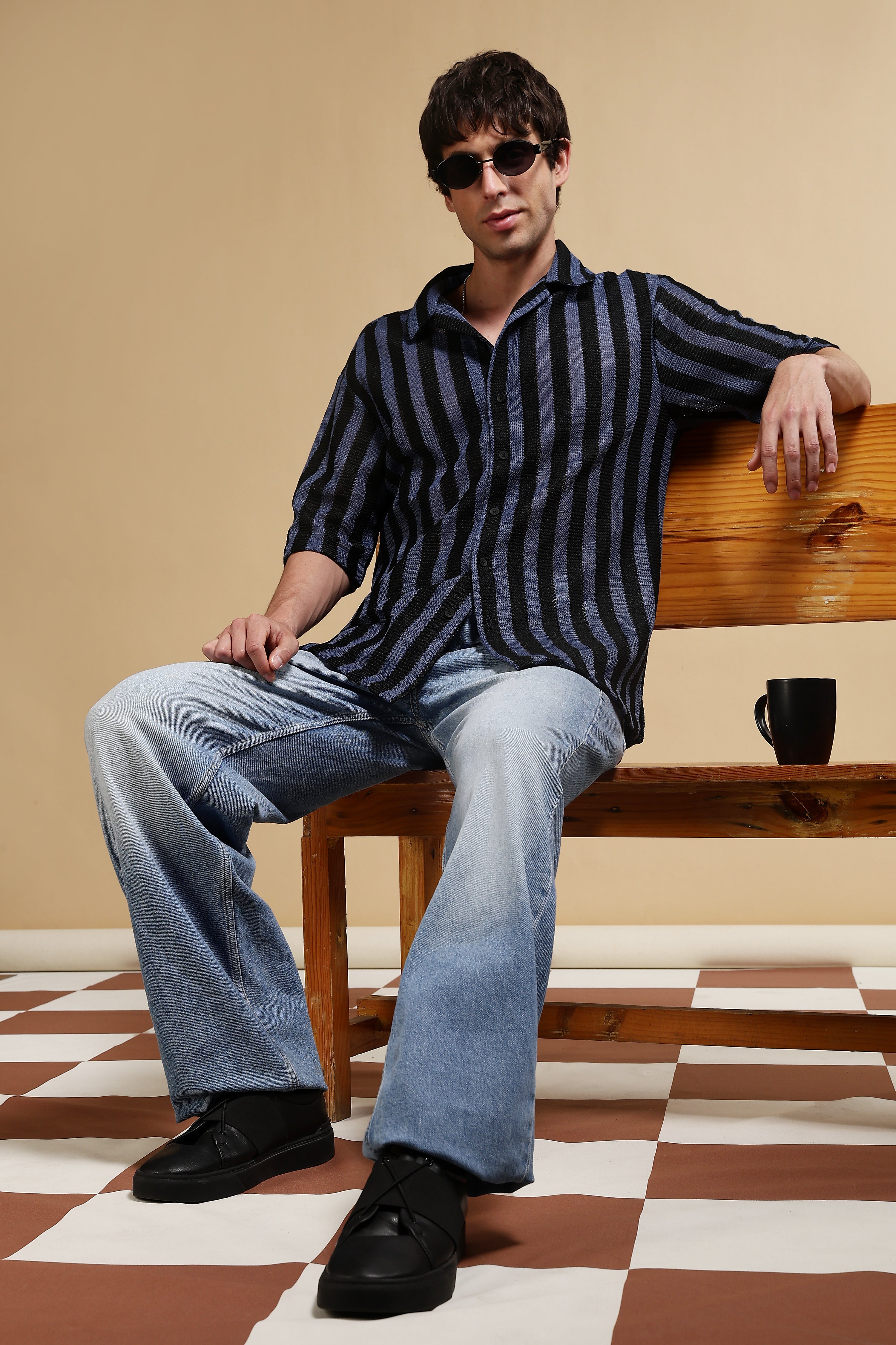 Men Blue Polyester Croatia Striped Shirt