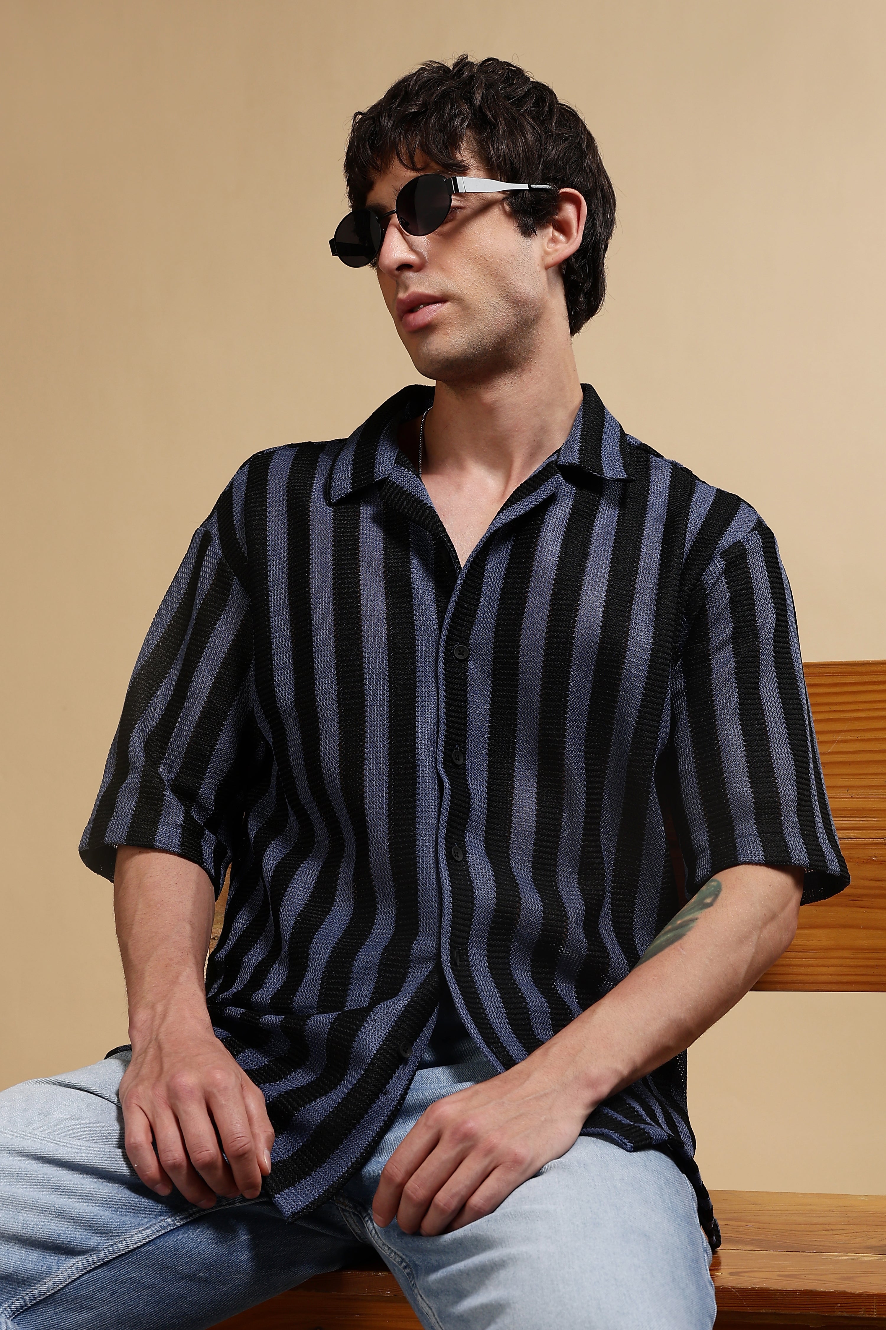 Men Blue Polyester Croatia Striped Shirt