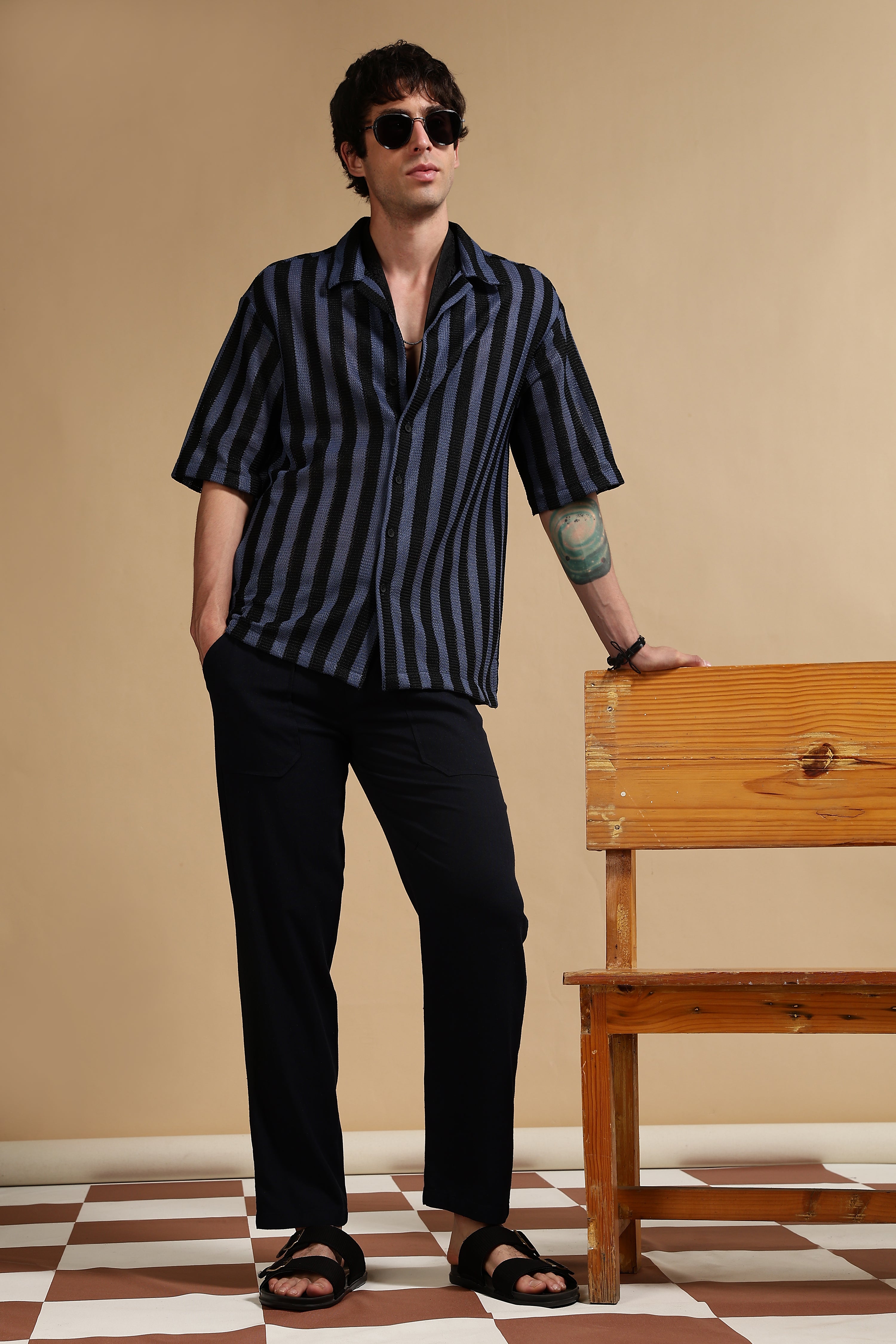 Men Navy Blue Linen Blend Loose Fit Drawcord Trousers