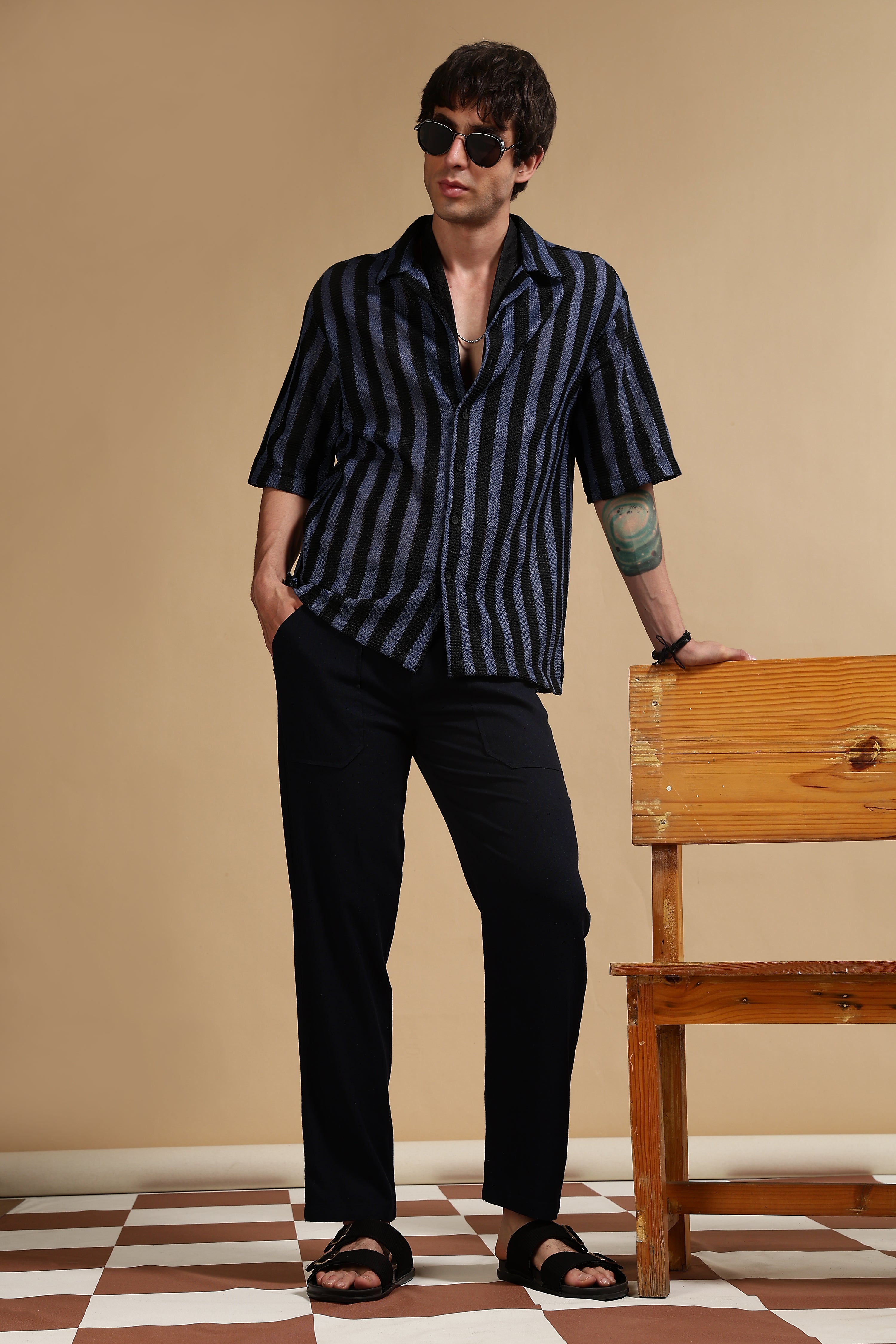 Men Navy Blue Linen Blend Loose Fit Drawcord Trousers