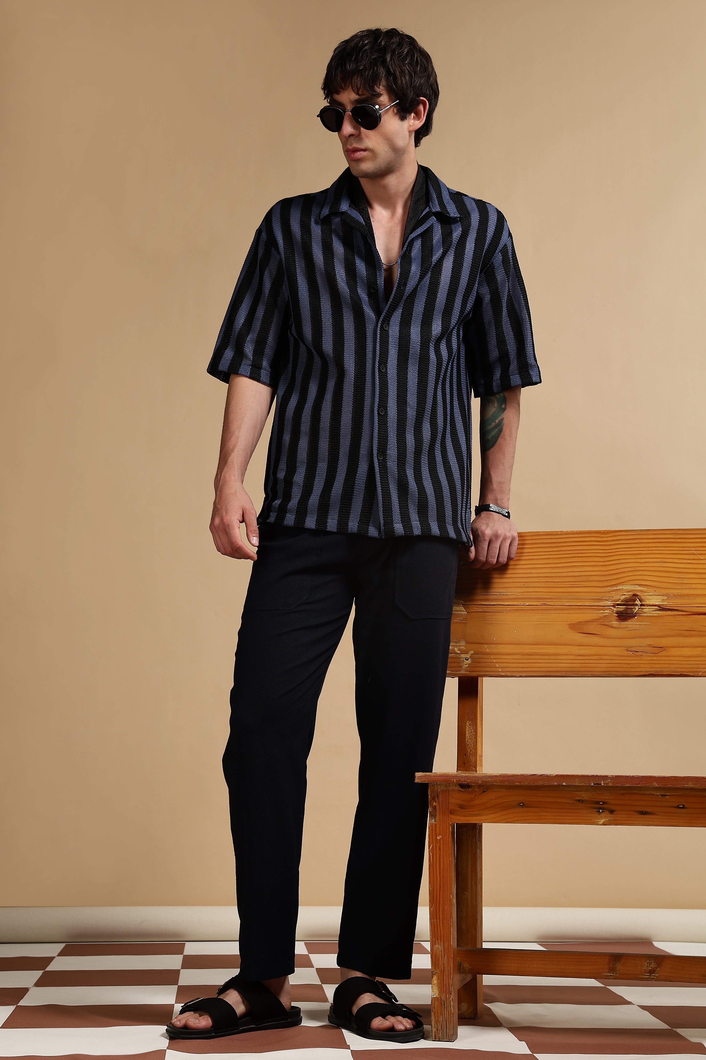 Men Navy Blue Linen Blend Loose Fit Drawcord Trousers