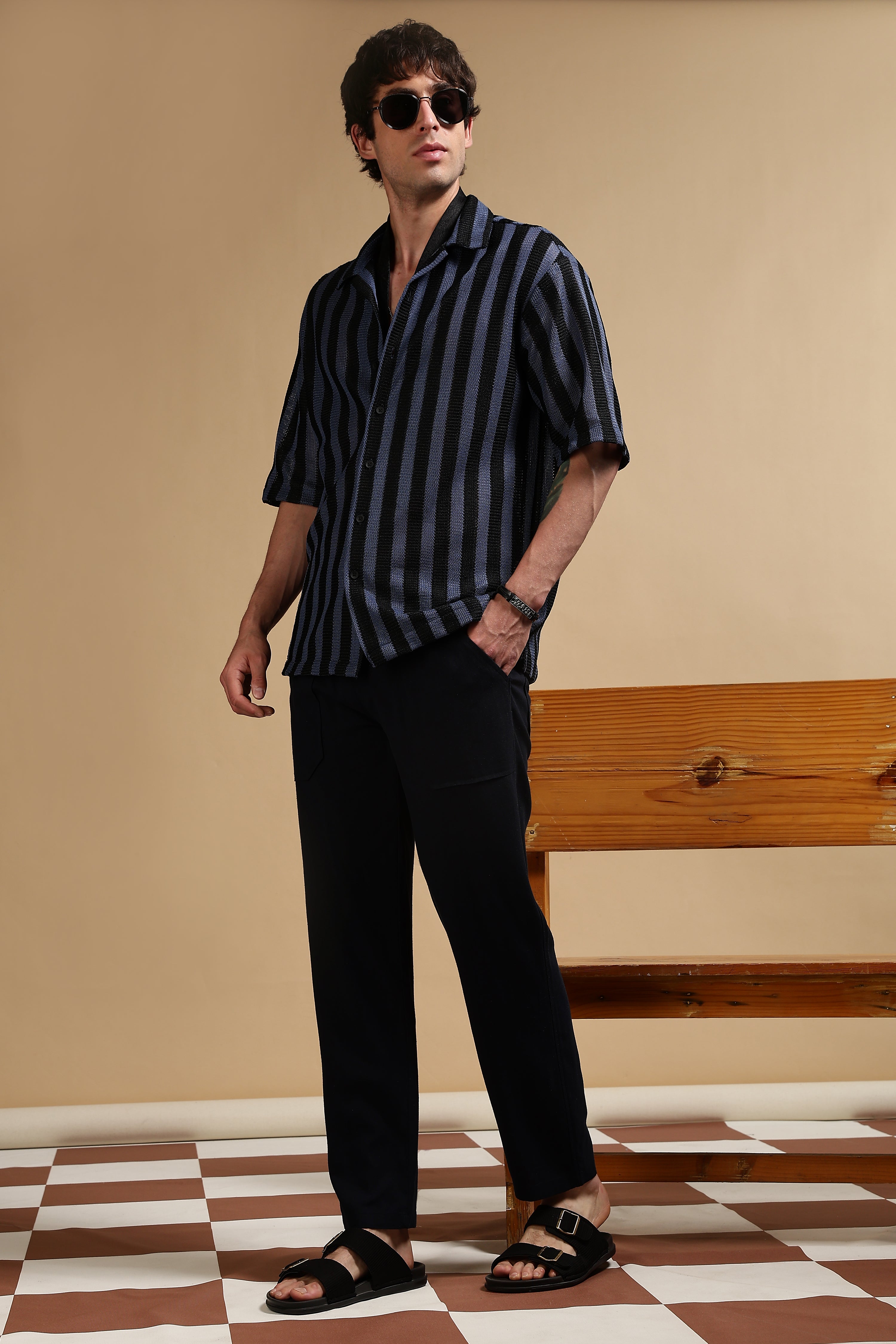 Men Navy Blue Linen Blend Loose Fit Drawcord Trousers