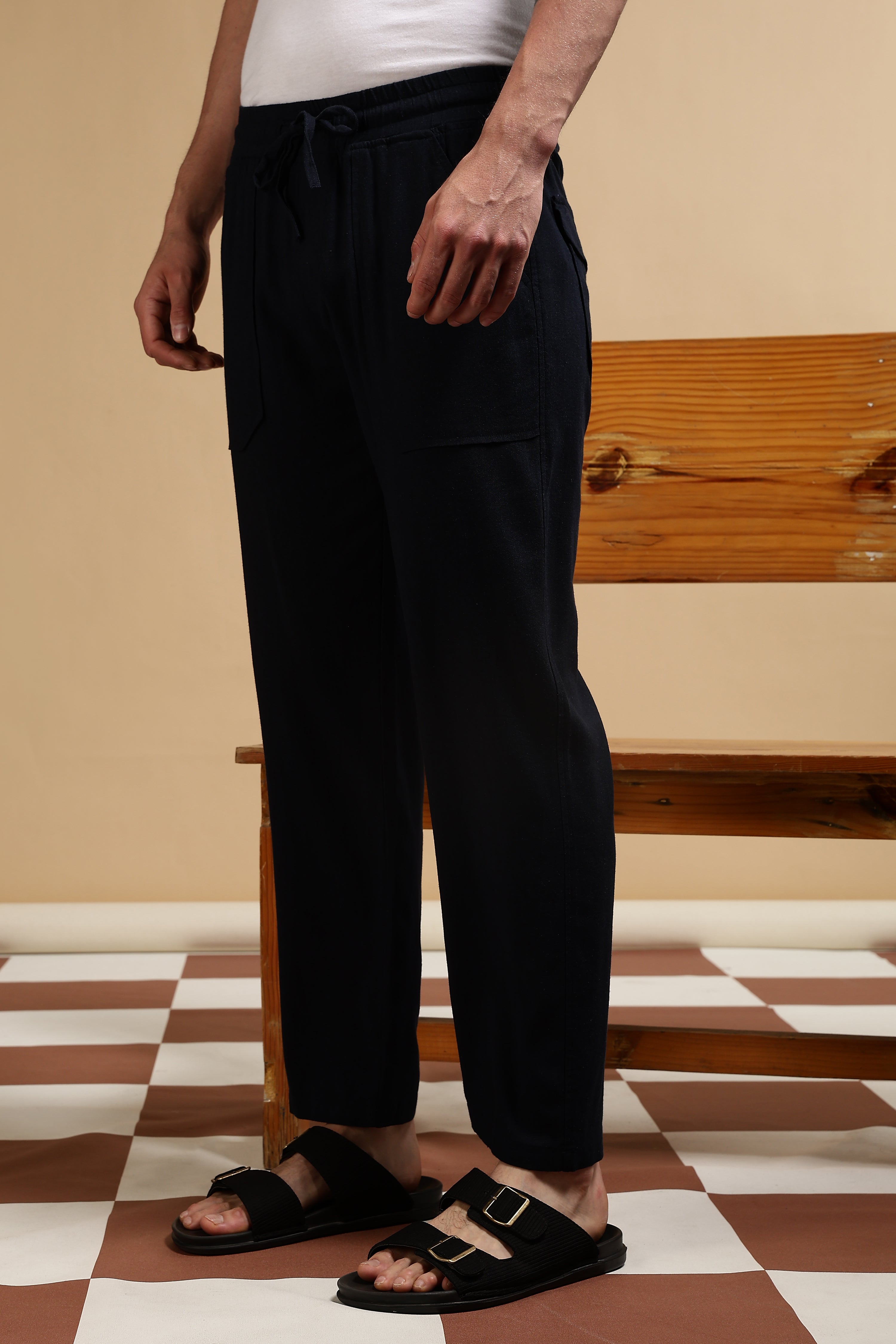 Men Navy Blue Linen Blend Loose Fit Drawcord Trousers