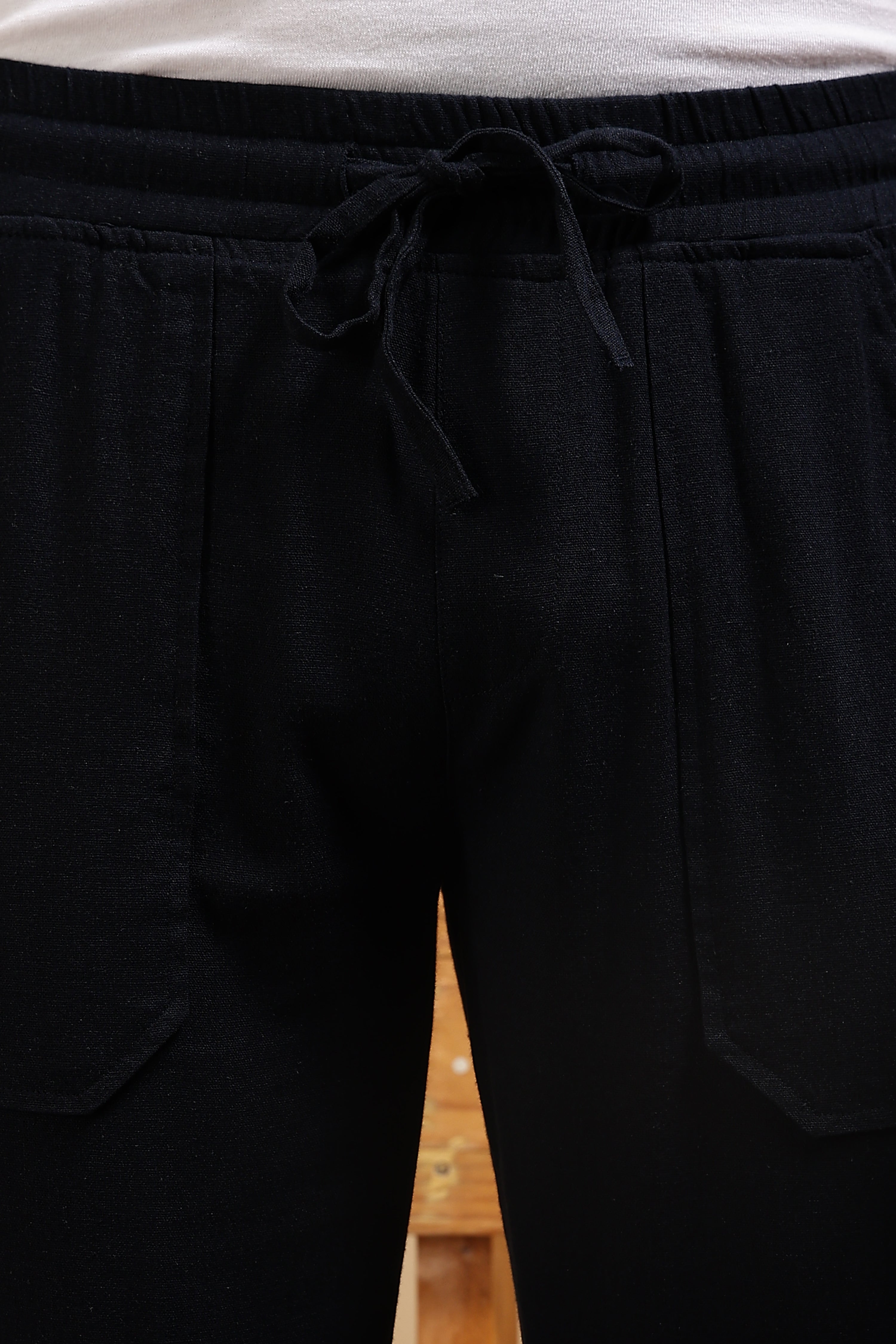 Men Navy Blue Linen Blend Loose Fit Drawcord Trousers