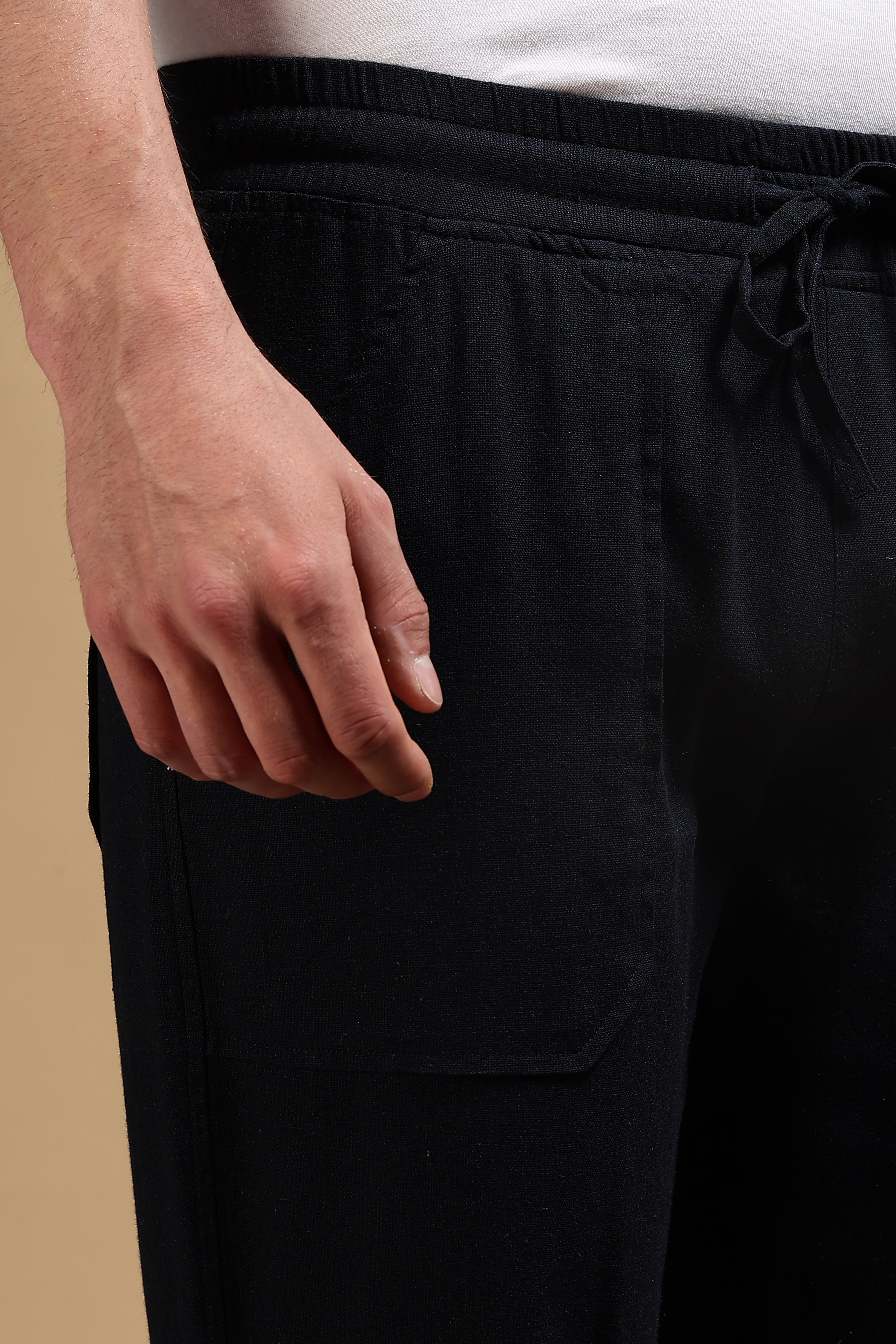 Men Navy Blue Linen Blend Loose Fit Drawcord Trousers