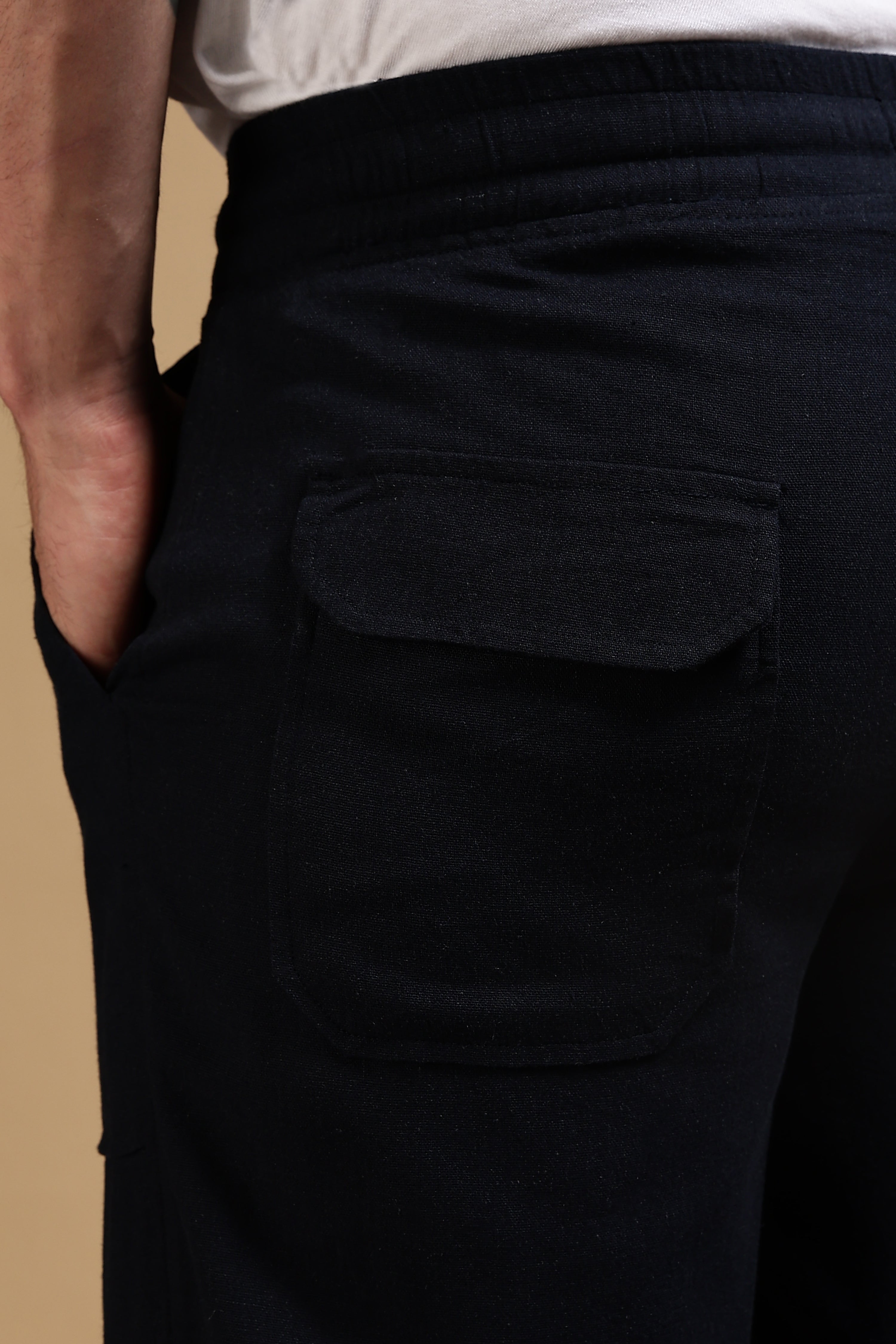 Men Navy Blue Linen Blend Loose Fit Drawcord Trousers