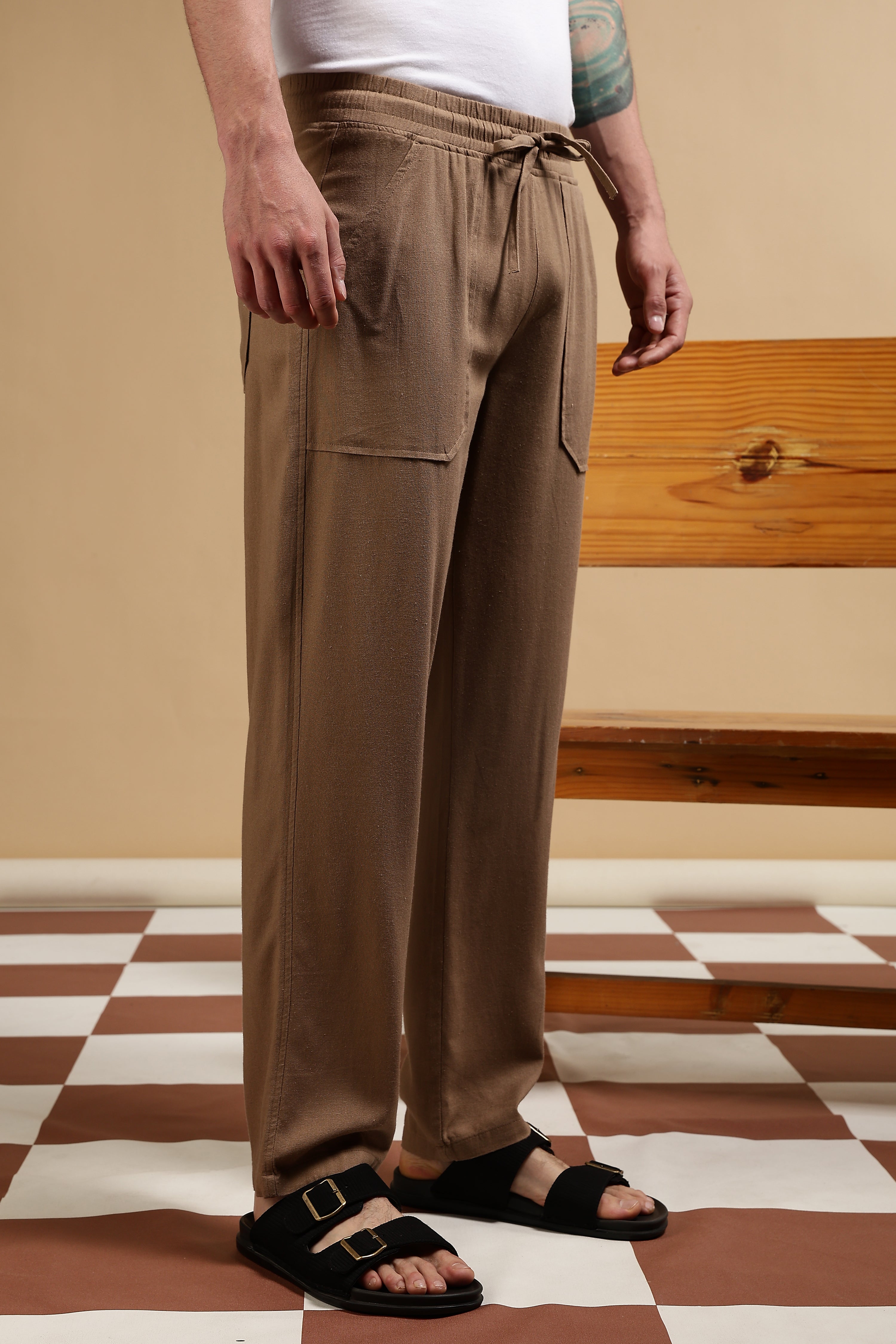 Men Khaki Linen Blend Loose Fit Drawcord Trousers