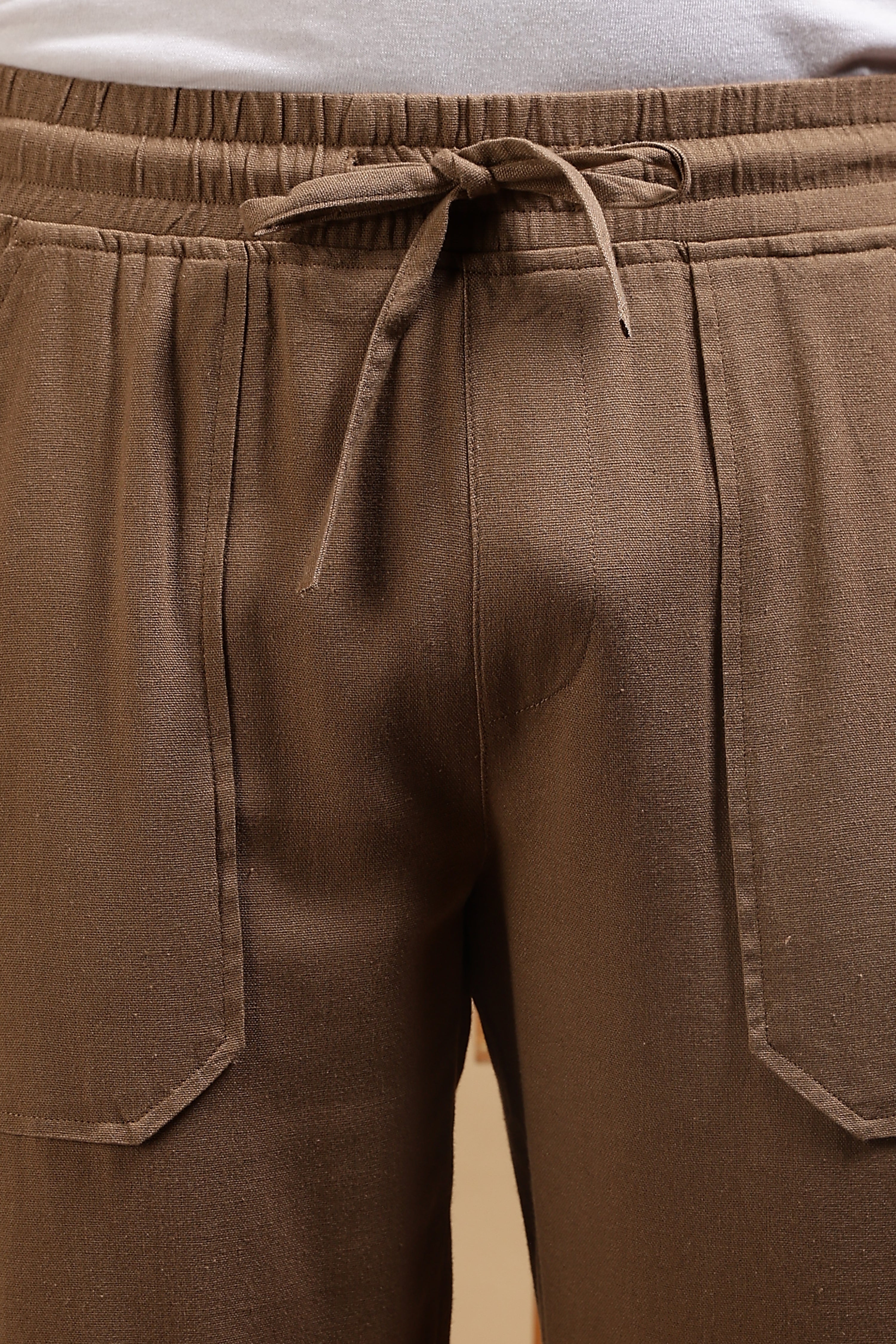 Men Khaki Linen Blend Loose Fit Drawcord Trousers