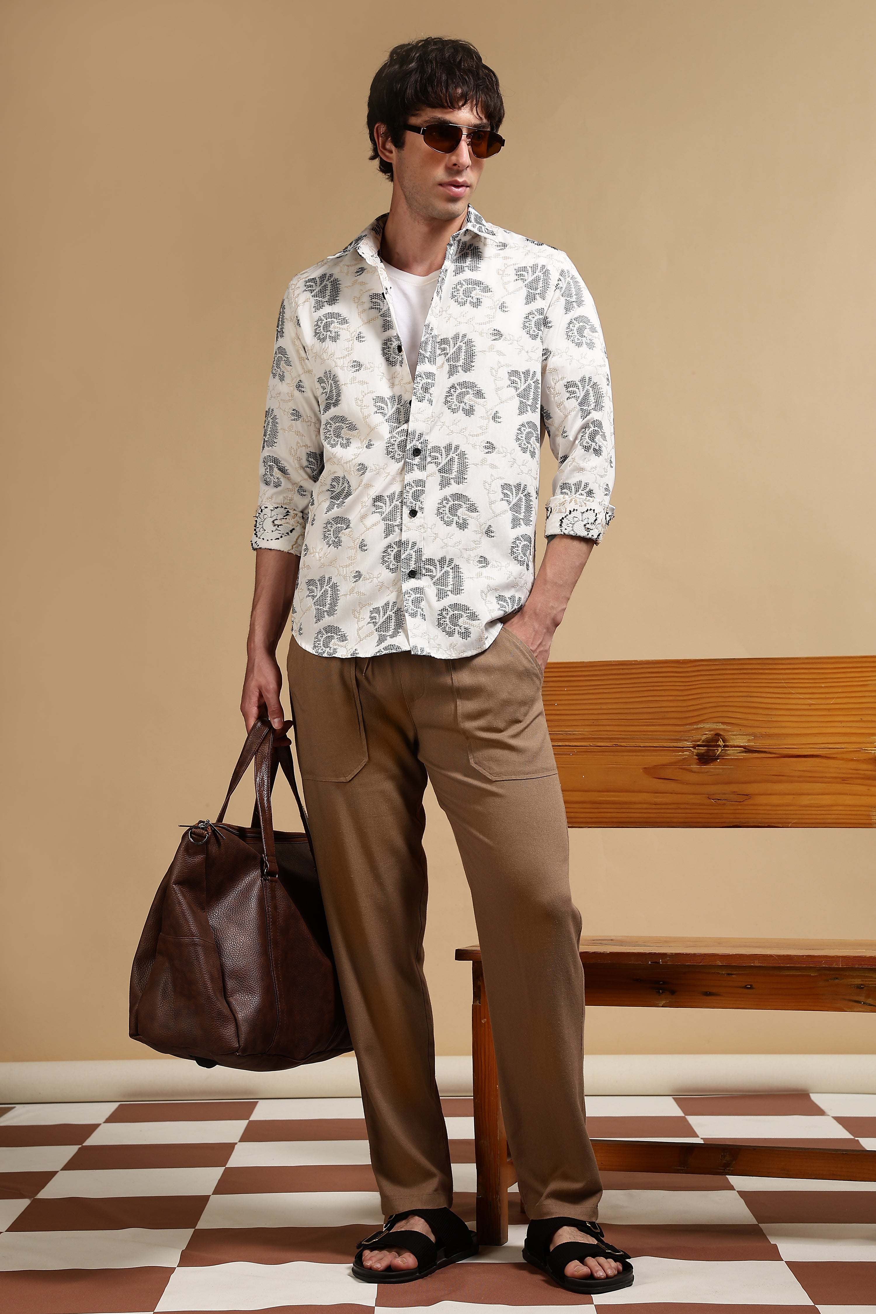 Men Khaki Linen Blend Loose Fit Drawcord Trousers