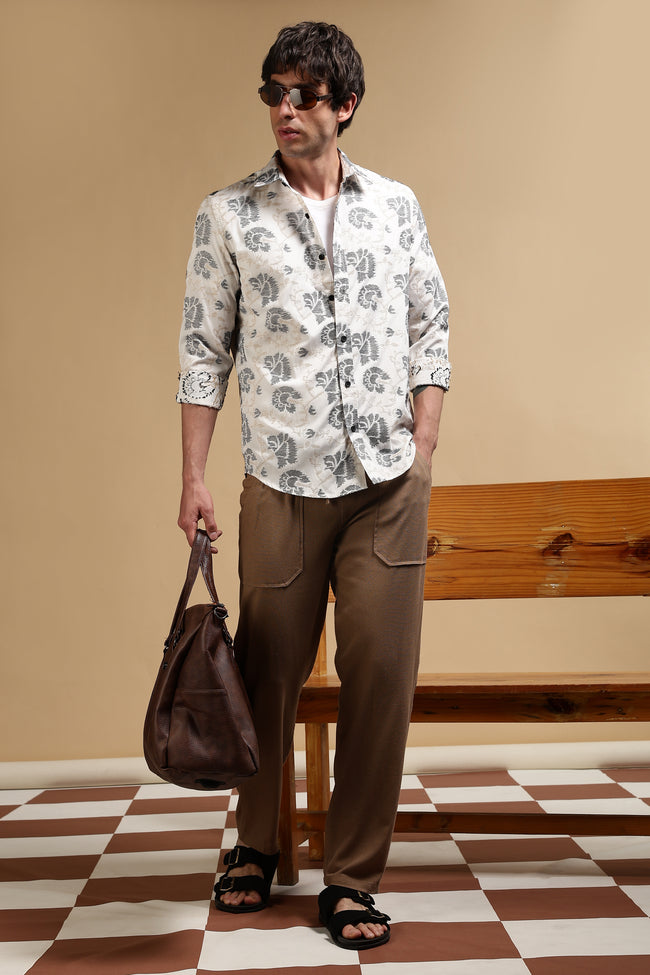 Men Khaki Linen Blend Loose Fit Drawcord Trousers
