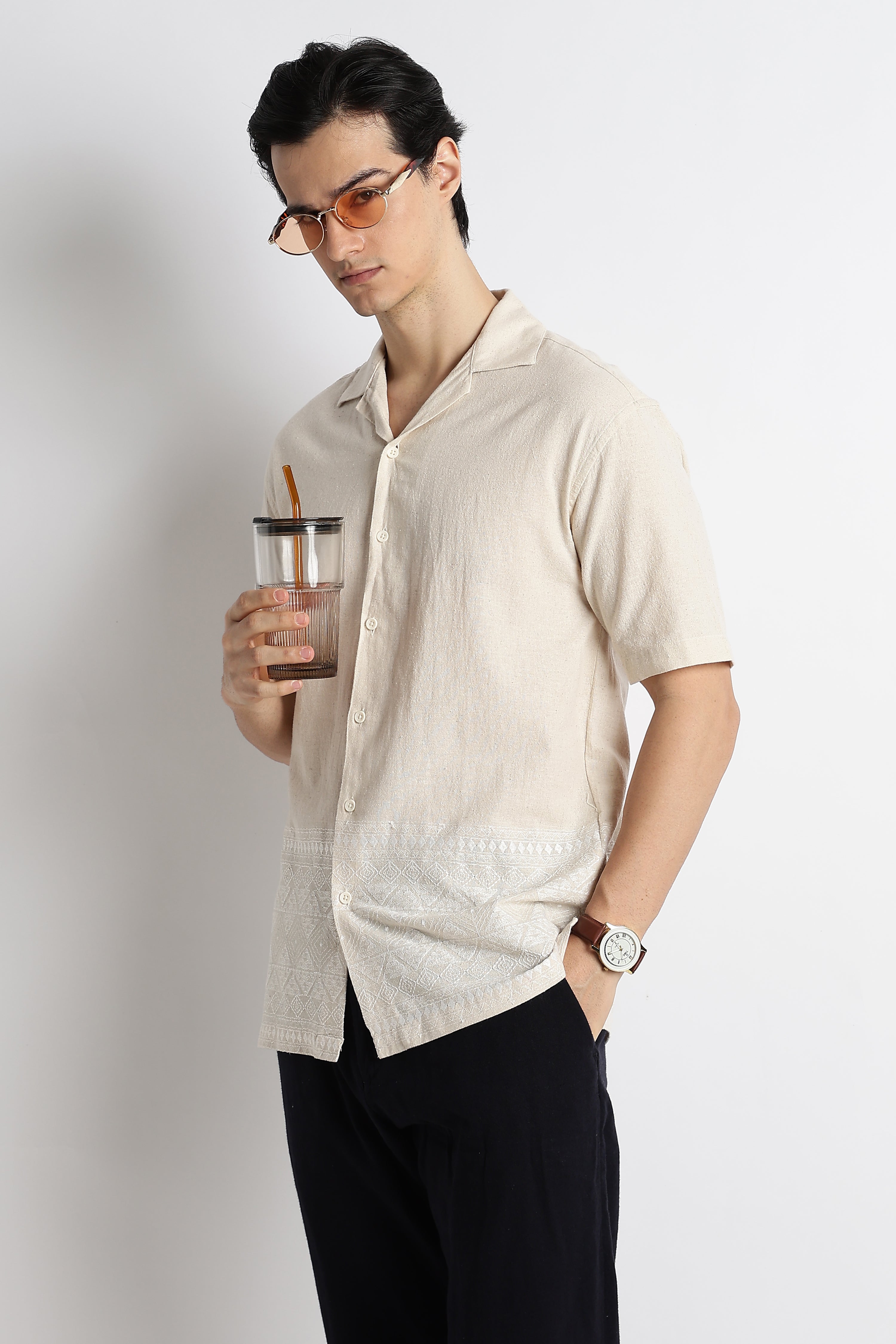 Men Cotton Cuban Collar Shirt