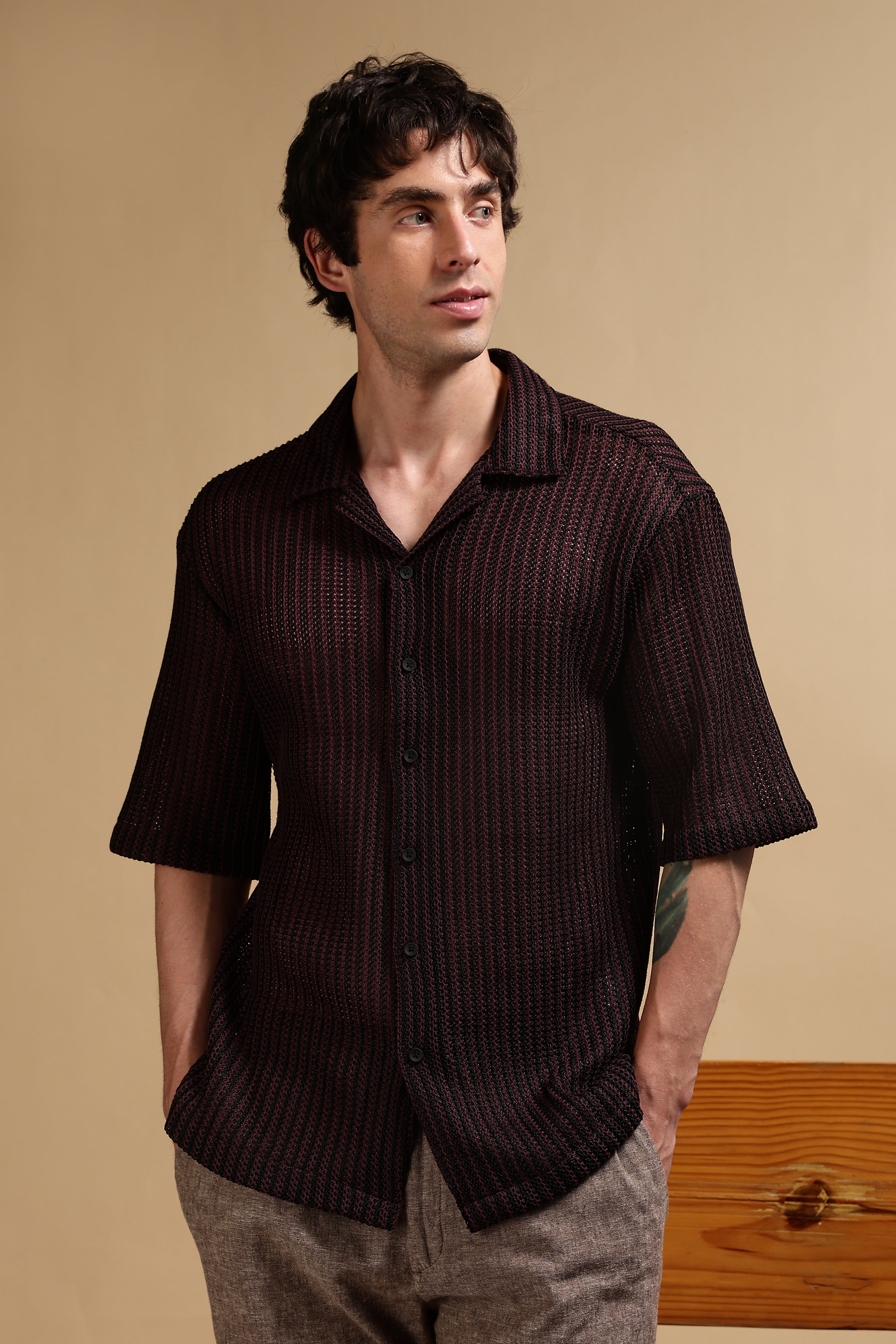Men Brown Polyester Relaxed Fit Shirt