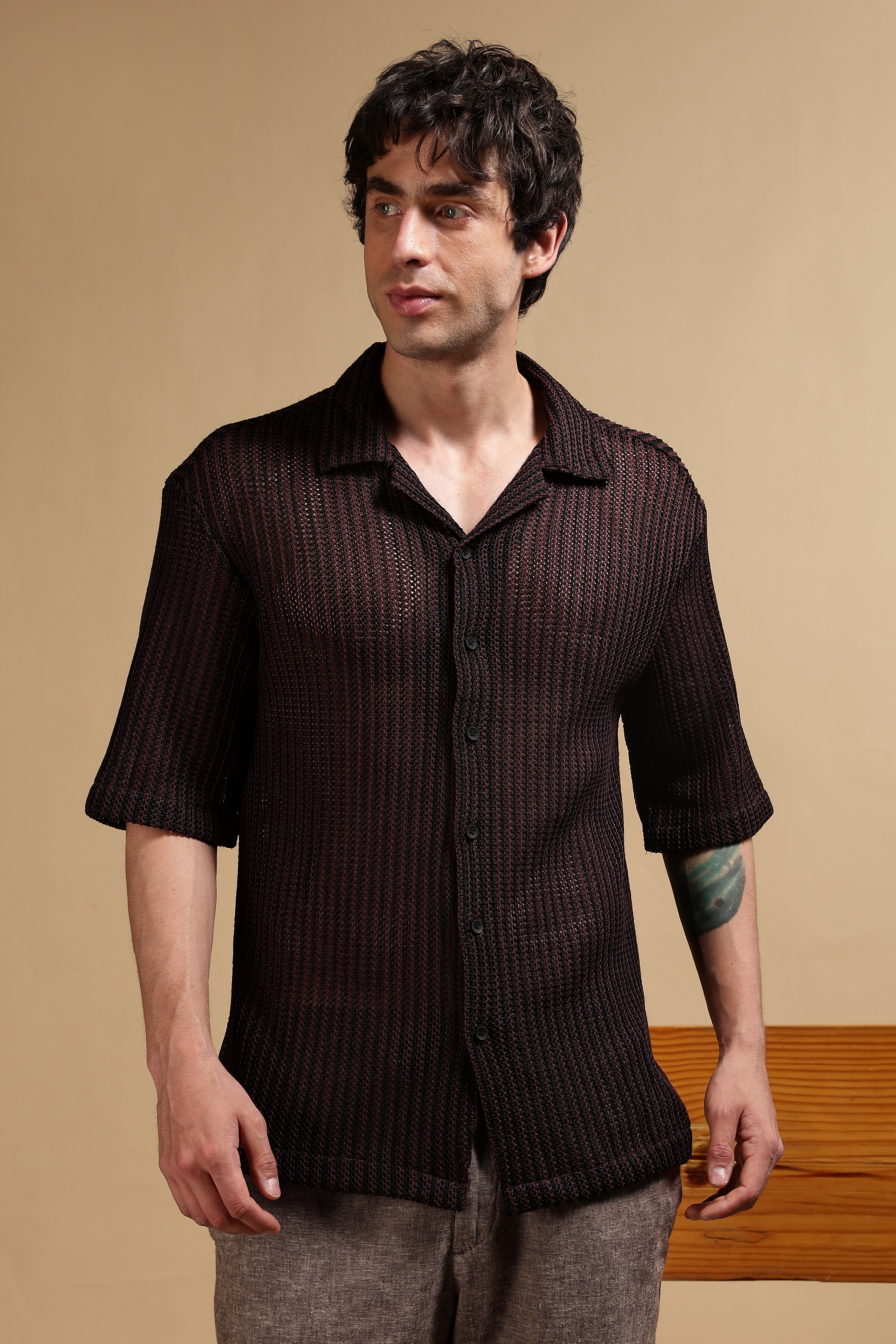 Men Brown Polyester Relaxed Fit Shirt