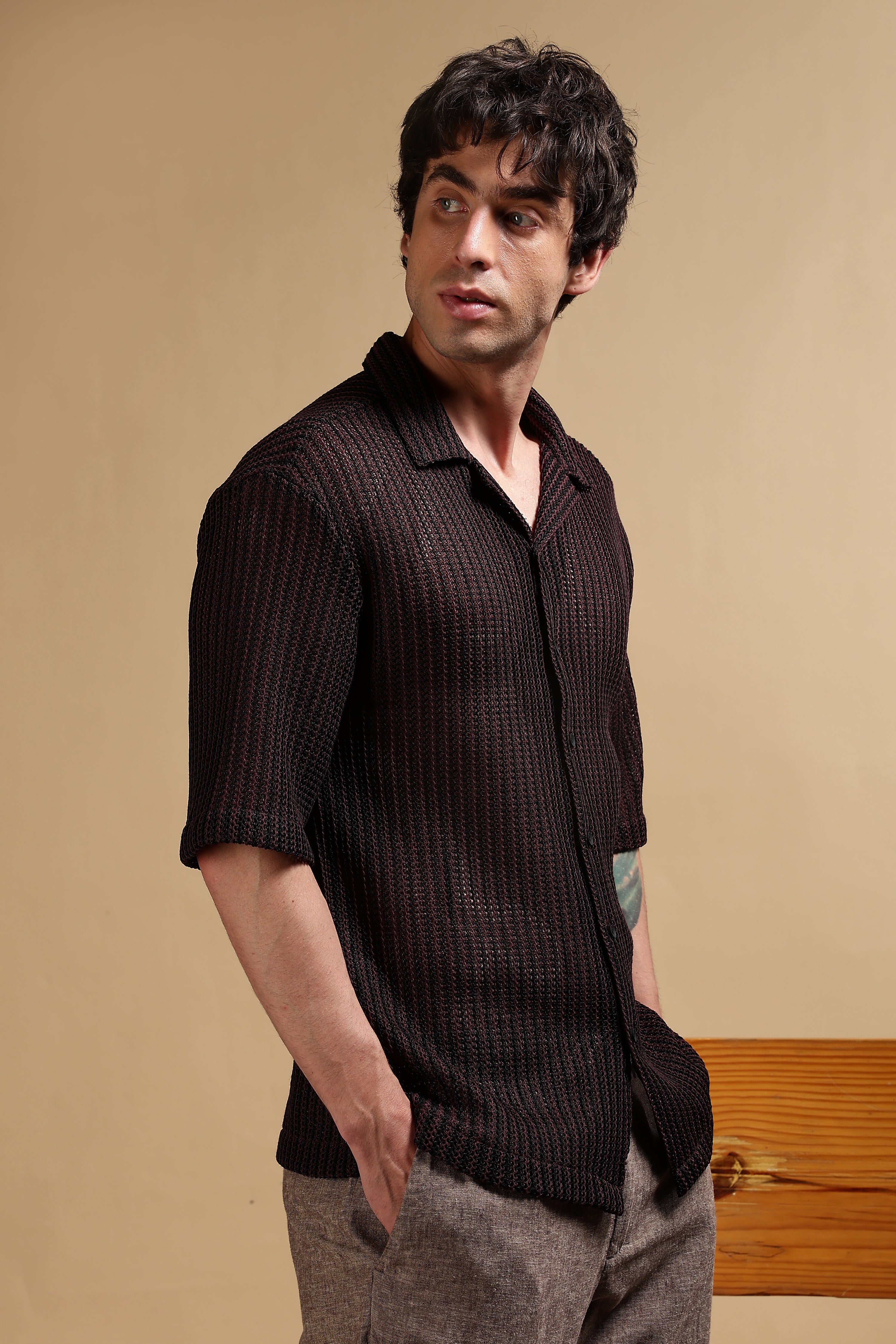 Men Brown Polyester Relaxed Fit Shirt