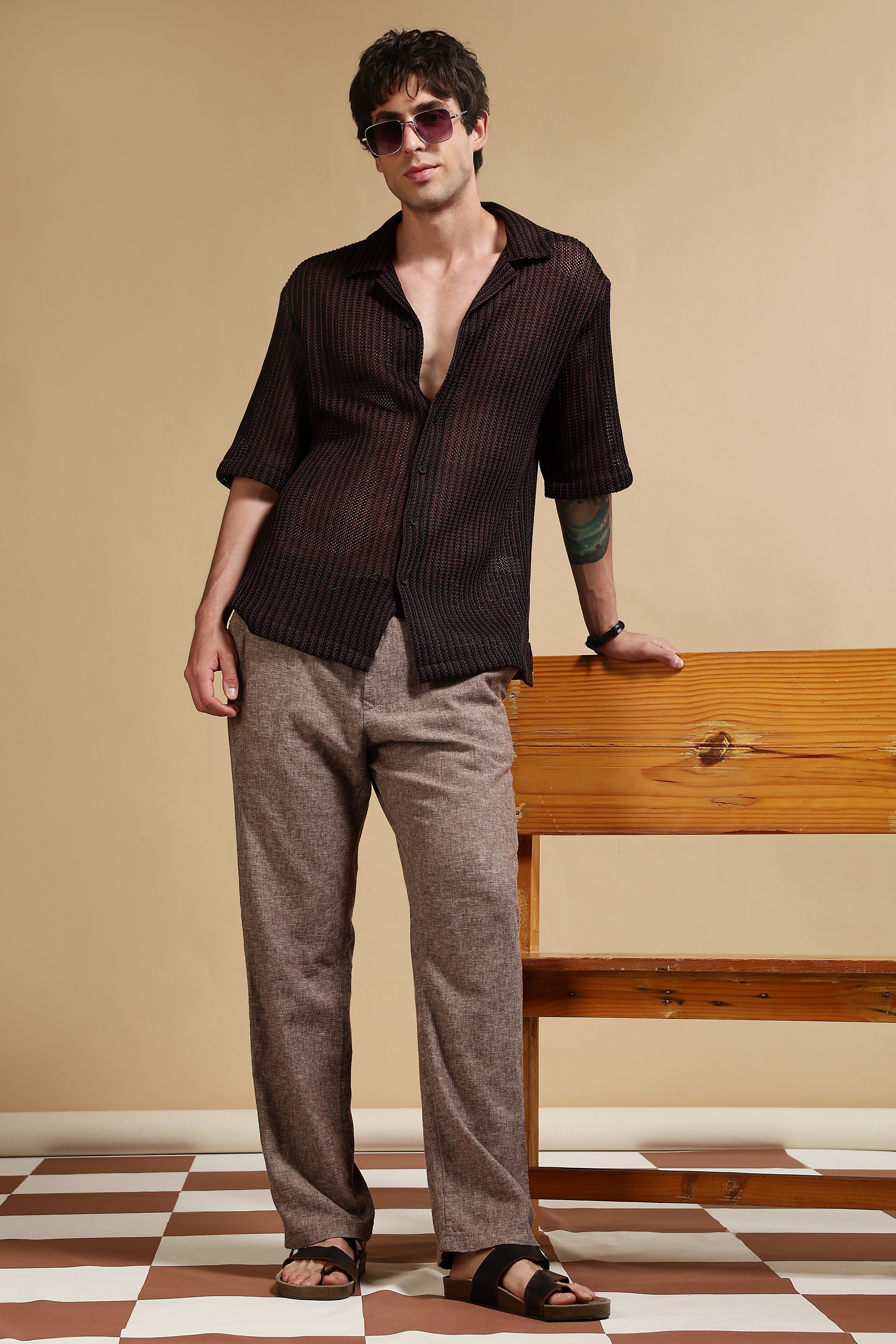 Men Brown Polyester Relaxed Fit Shirt