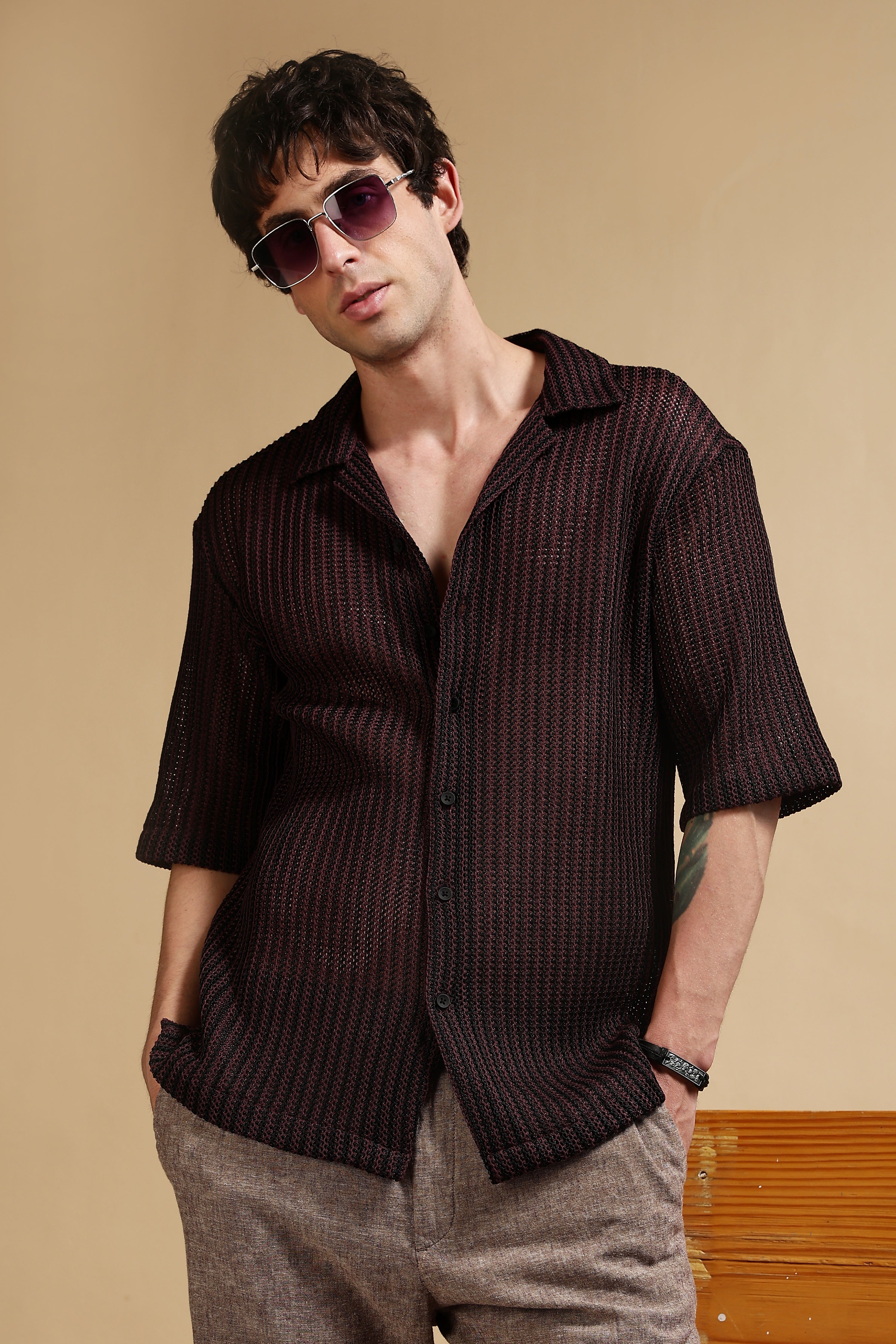 Men Brown Polyester Relaxed Fit Shirt